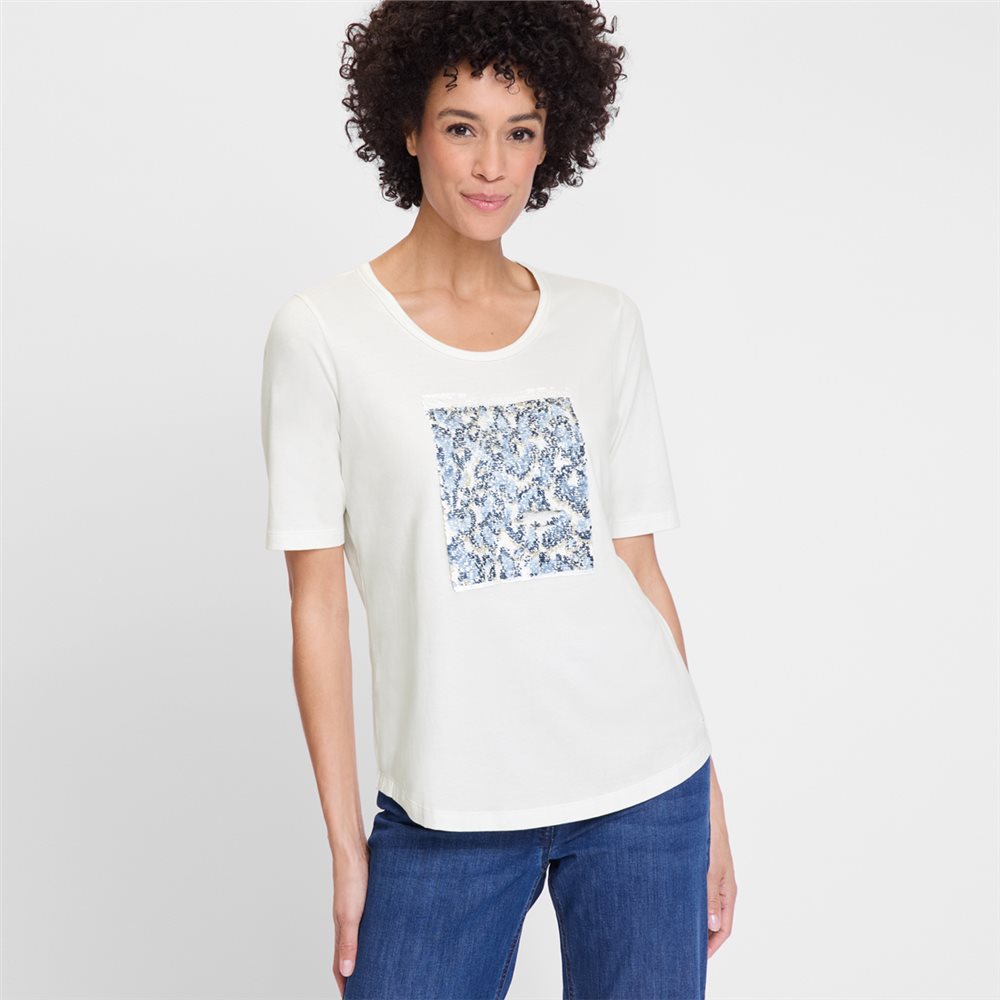Top With Sequin Animal Print Front in Off White