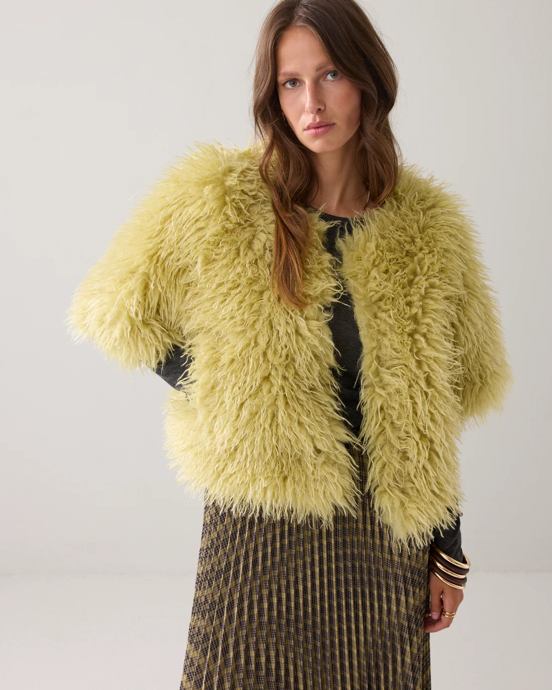 Faux Furry Jacket in Misty Lime