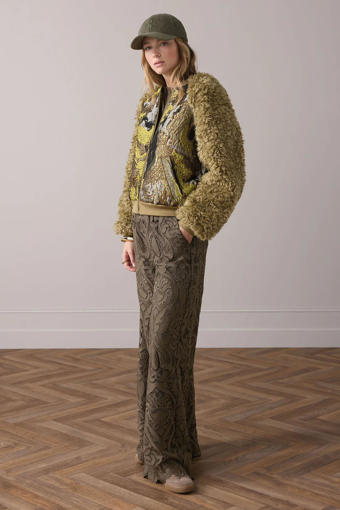 Teddy Bomber in Green Jacuard Lentil