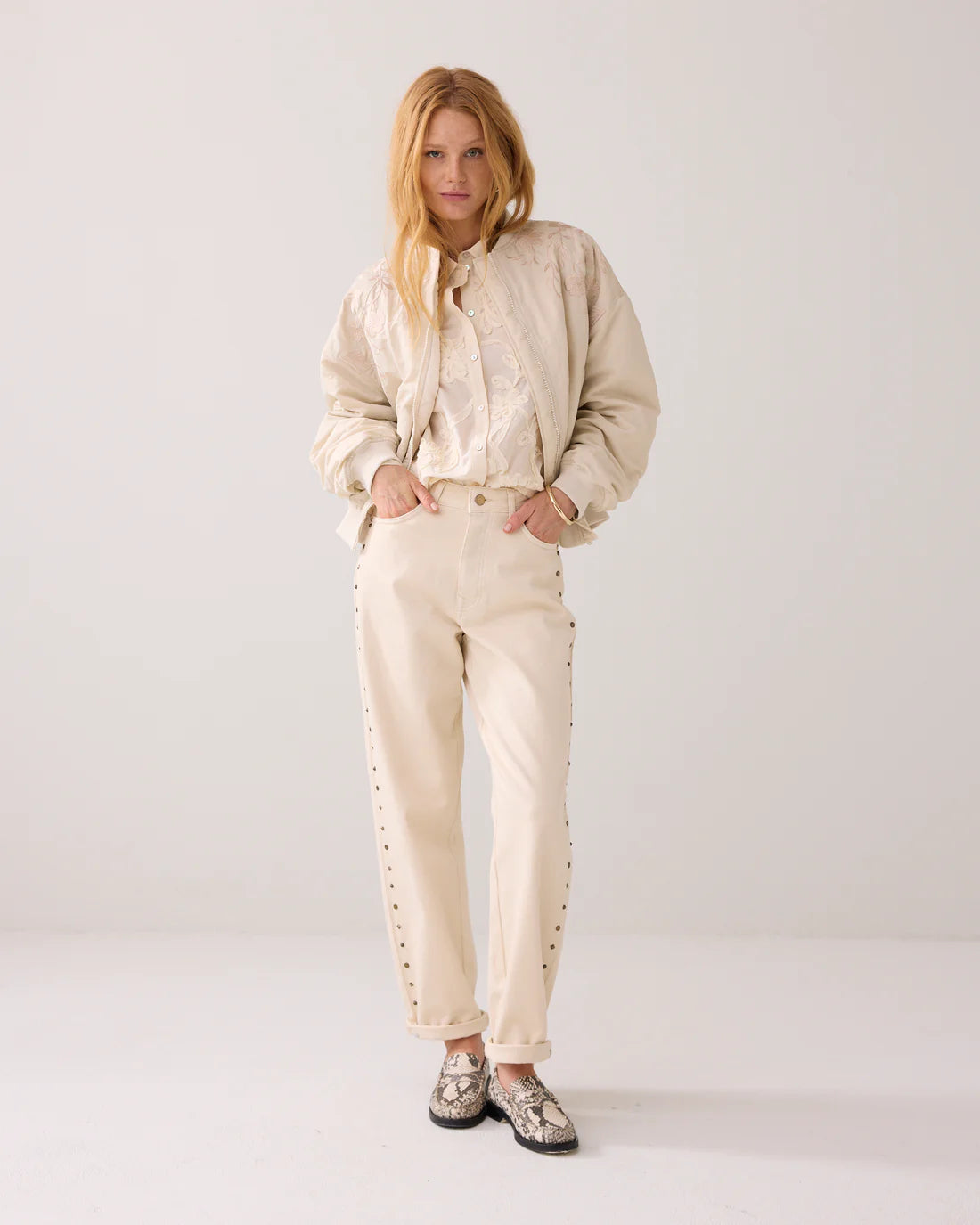 Embroidered Padded Bomber Jacket in Ivory