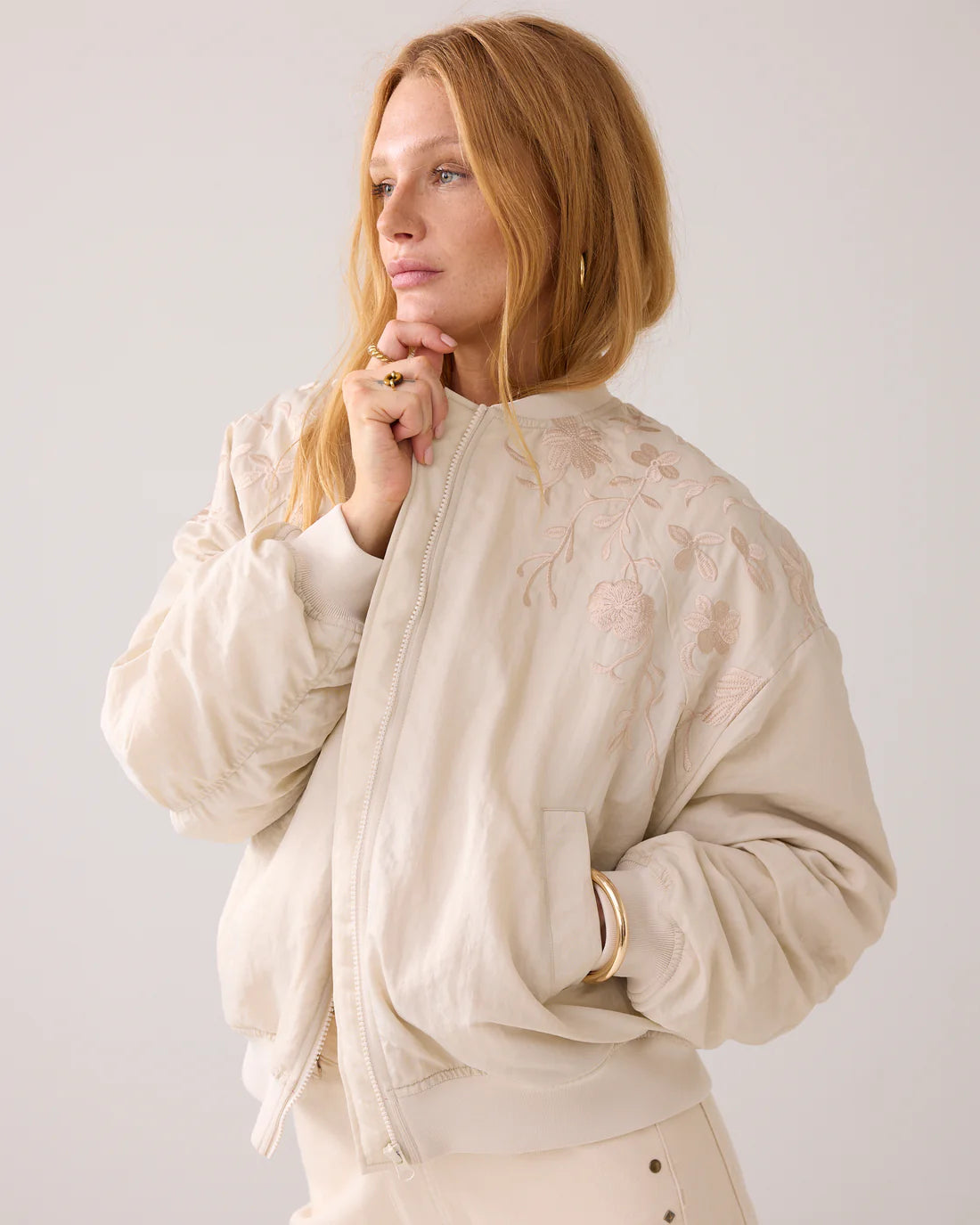 Embroidered Padded Bomber Jacket in Ivory