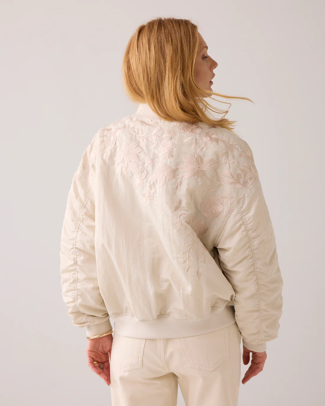 Embroidered Padded Bomber Jacket in Ivory