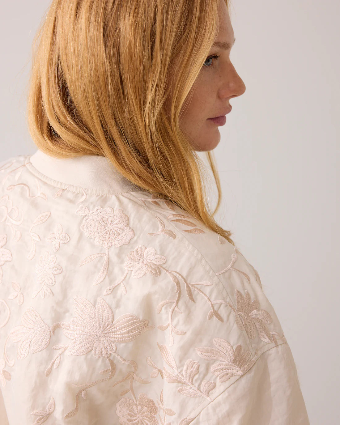 Embroidered Padded Bomber Jacket in Ivory