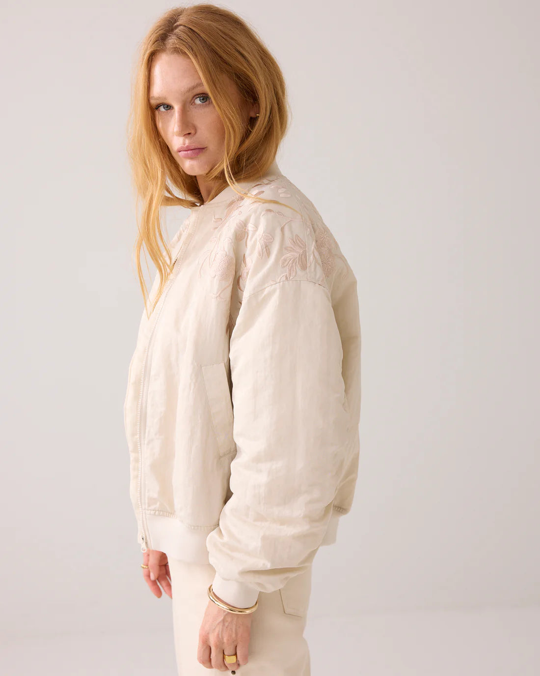 Embroidered Padded Bomber Jacket in Ivory