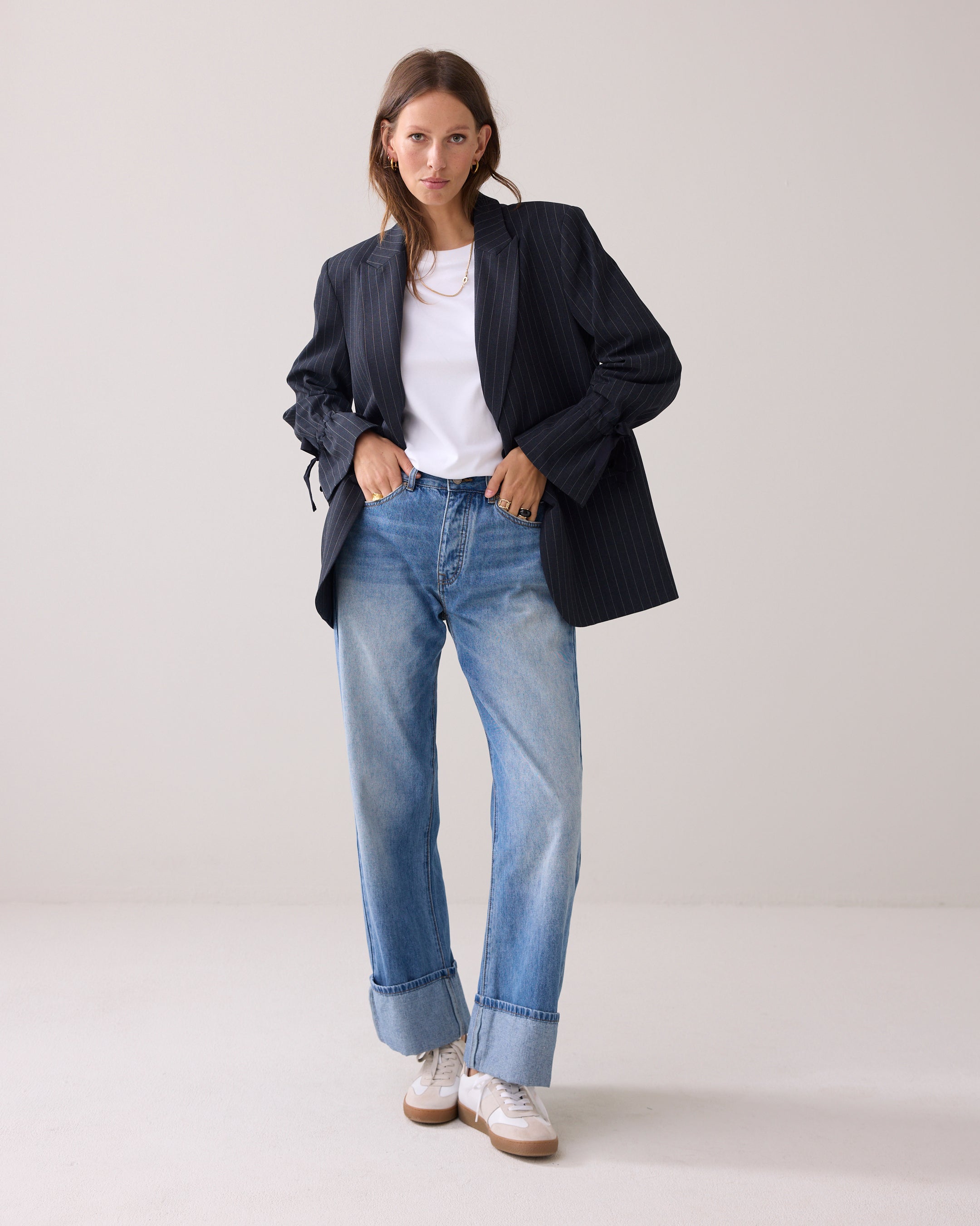 Boyfriend Pinstripe Blazer in Midnight Blue