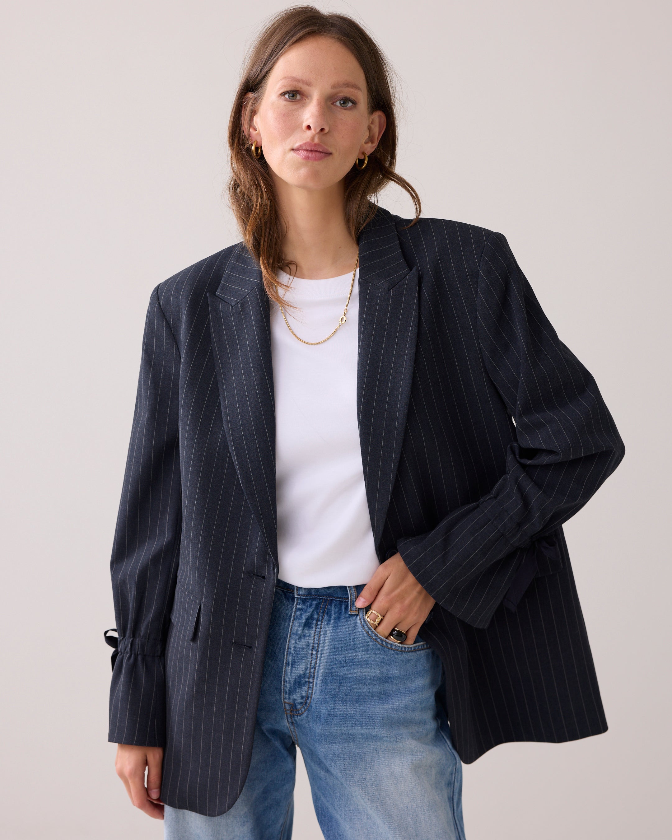 Boyfriend Pinstripe Blazer in Midnight Blue