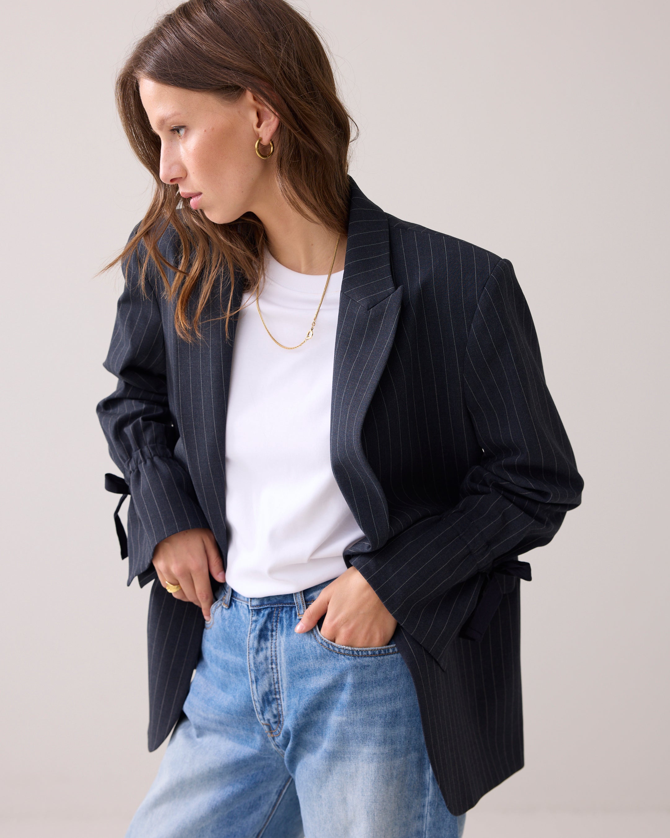 Boyfriend Pinstripe Blazer in Midnight Blue