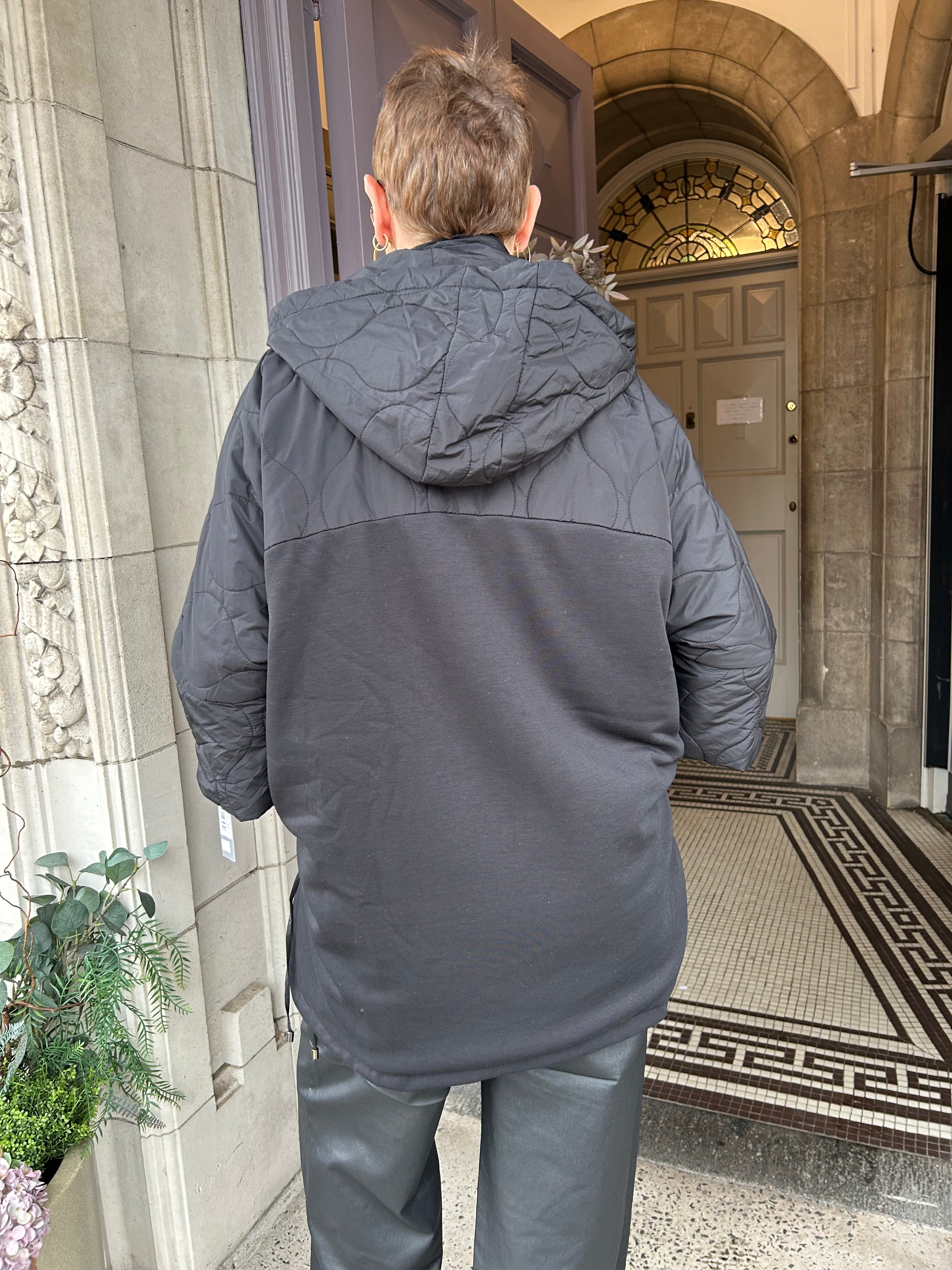 Hooded Jacket with Quilted Sections in Black
