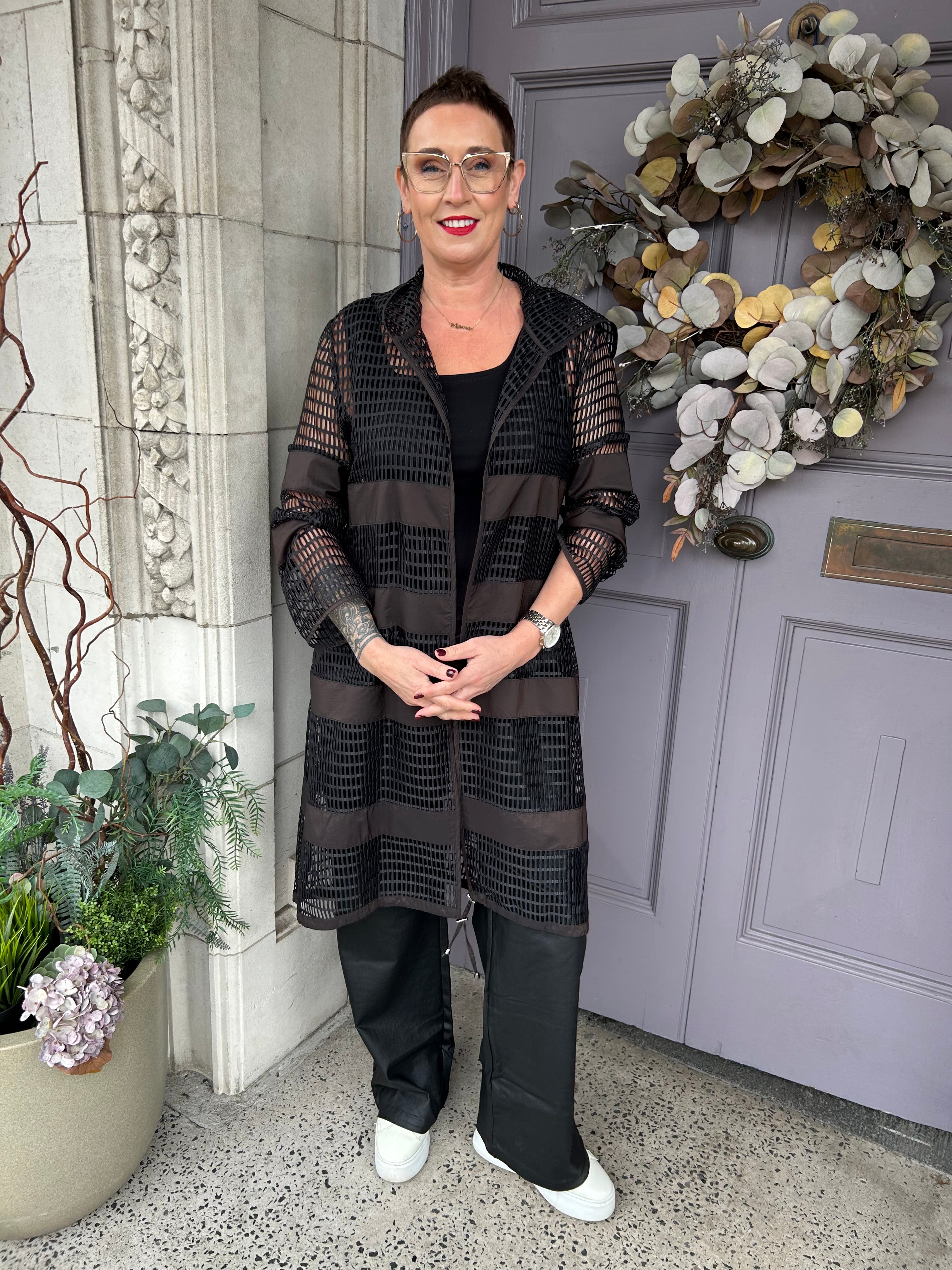 Loose Weave Long Jacket in Black/Cocoa