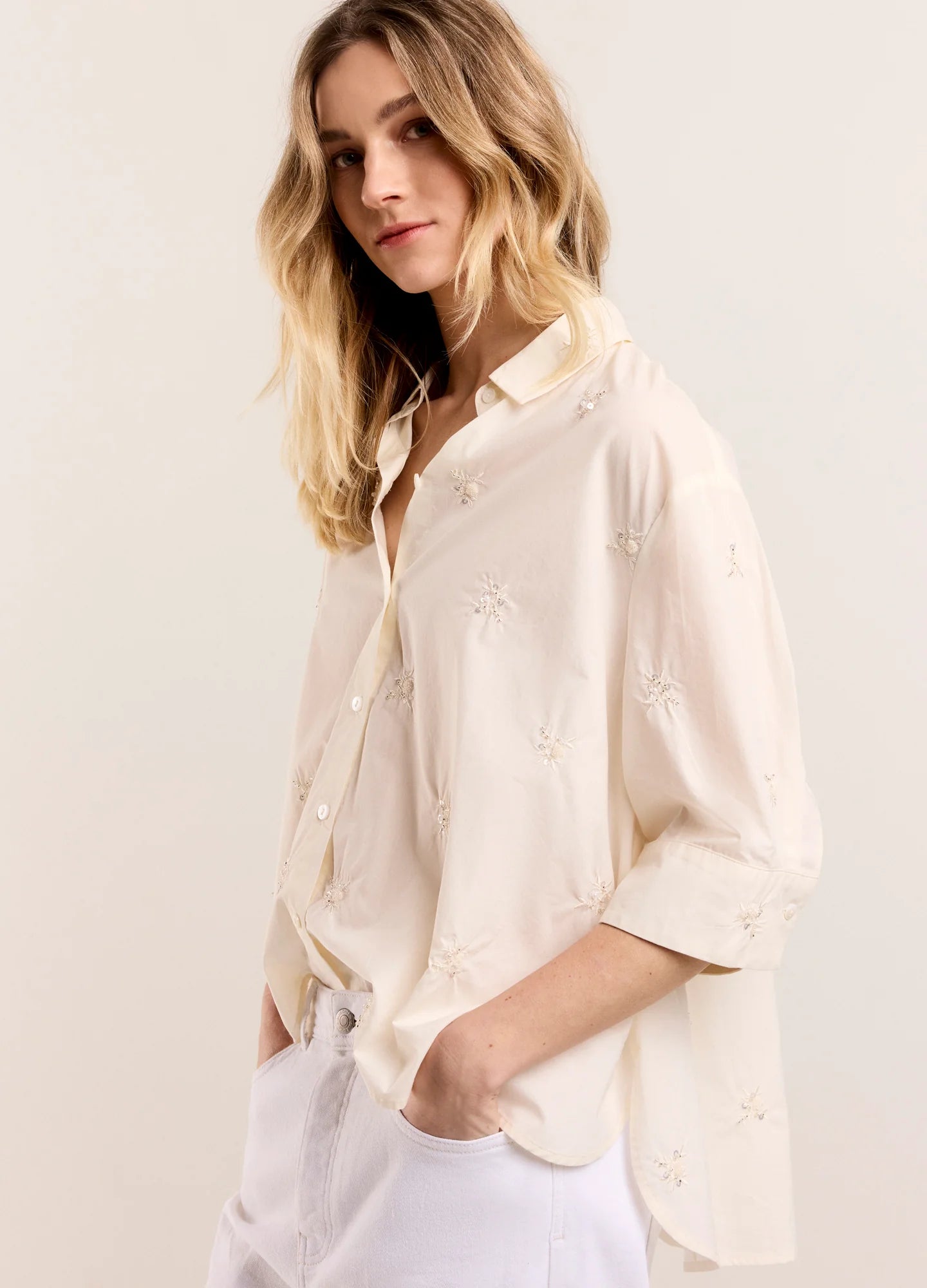Blouse with Embroidered Flowers in Ivory