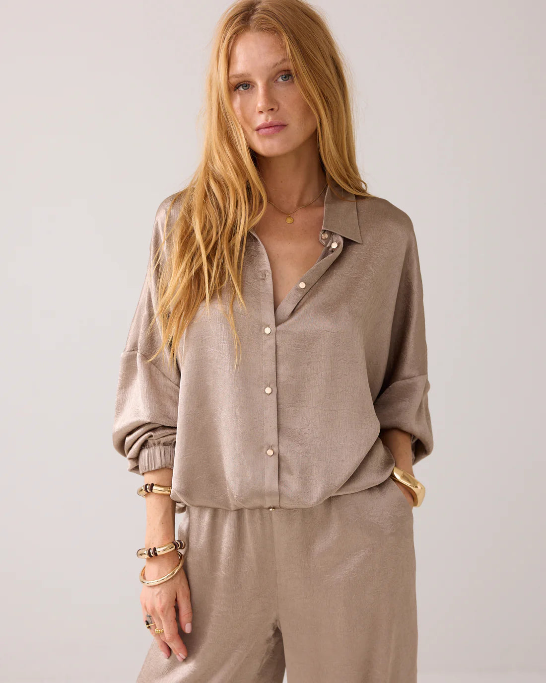 Crinkle Satin Blouse in Funghi