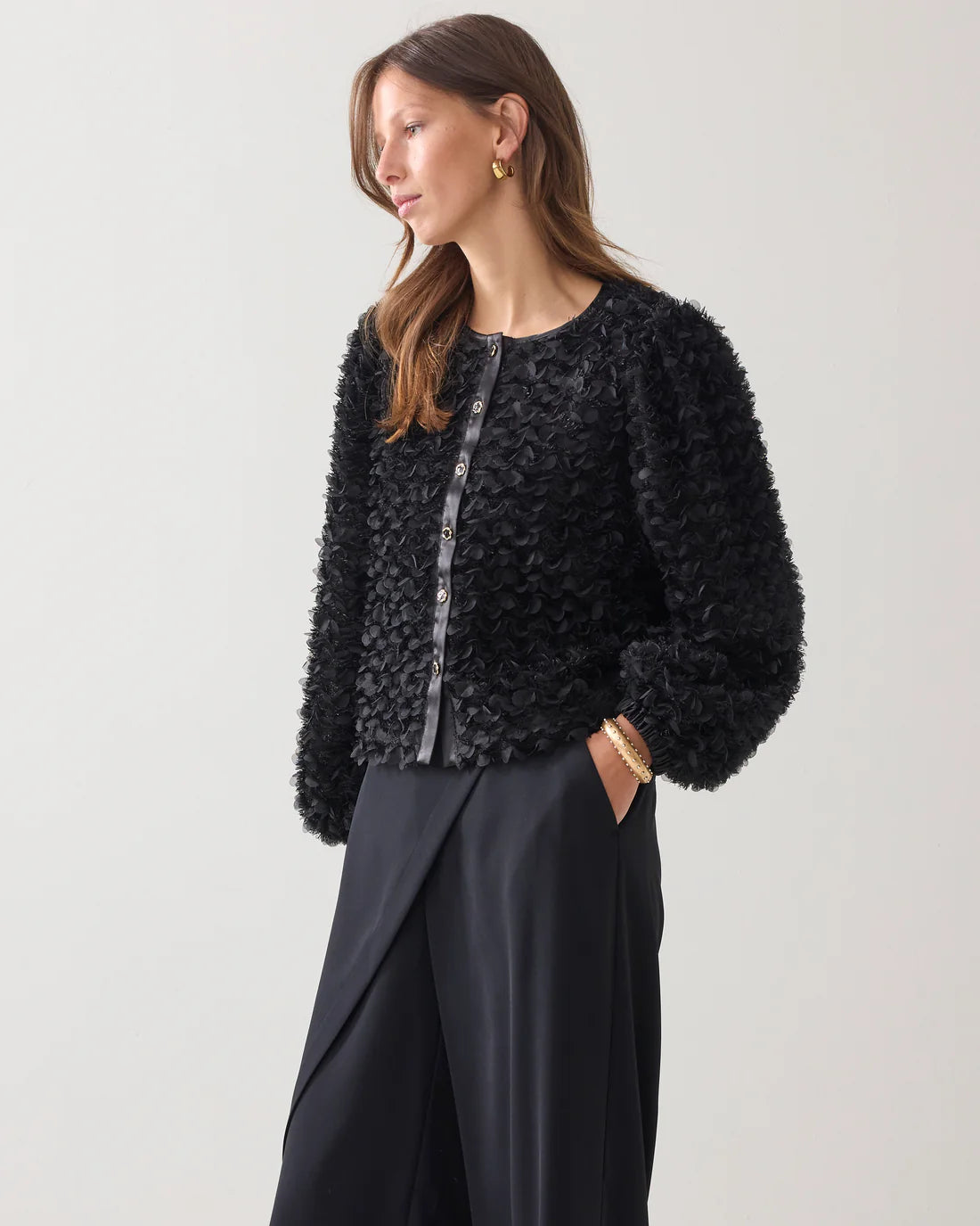 3D Flower Fluffy Jacket in Black
