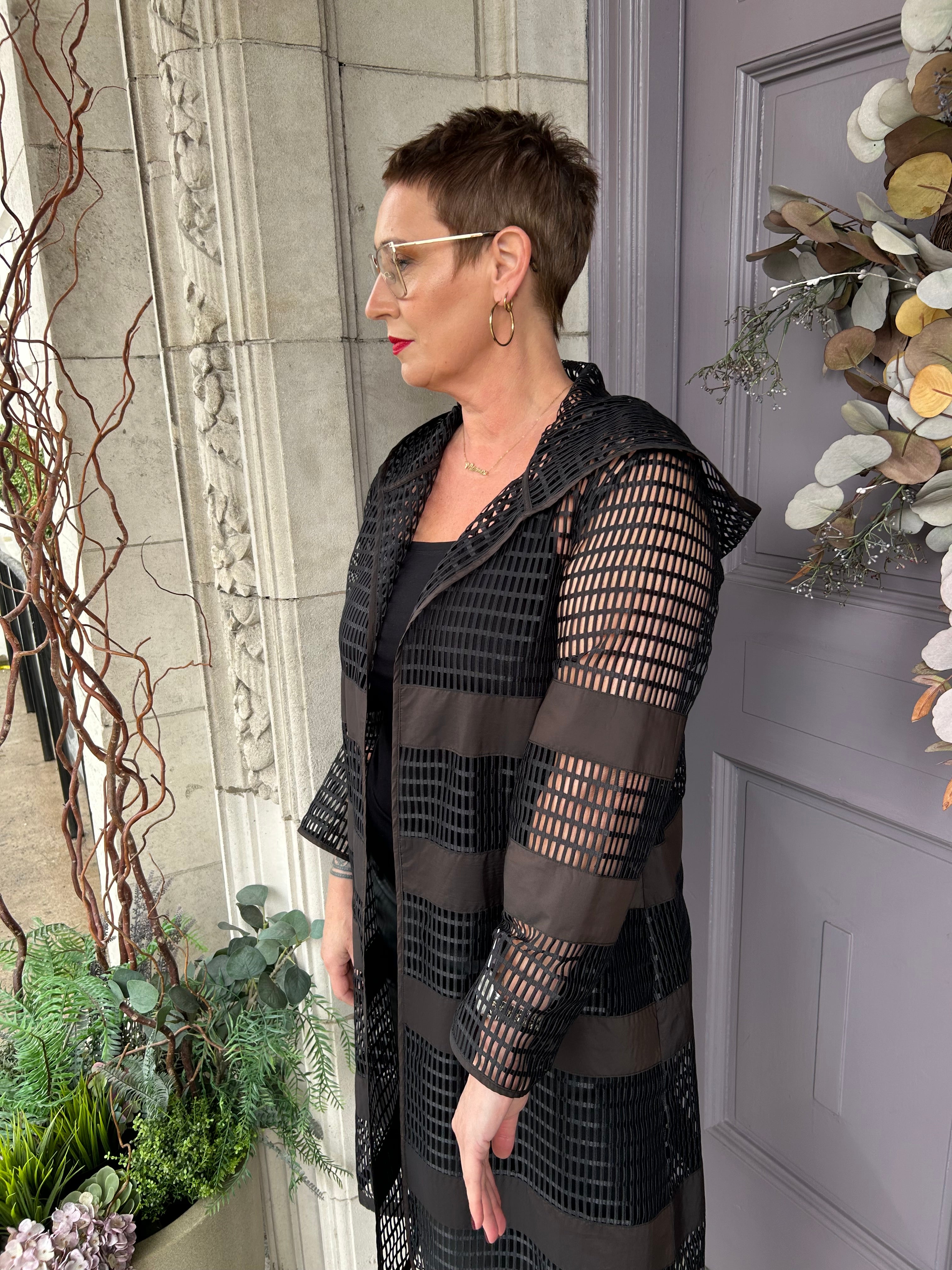 Loose Weave Long Jacket in Black/Cocoa
