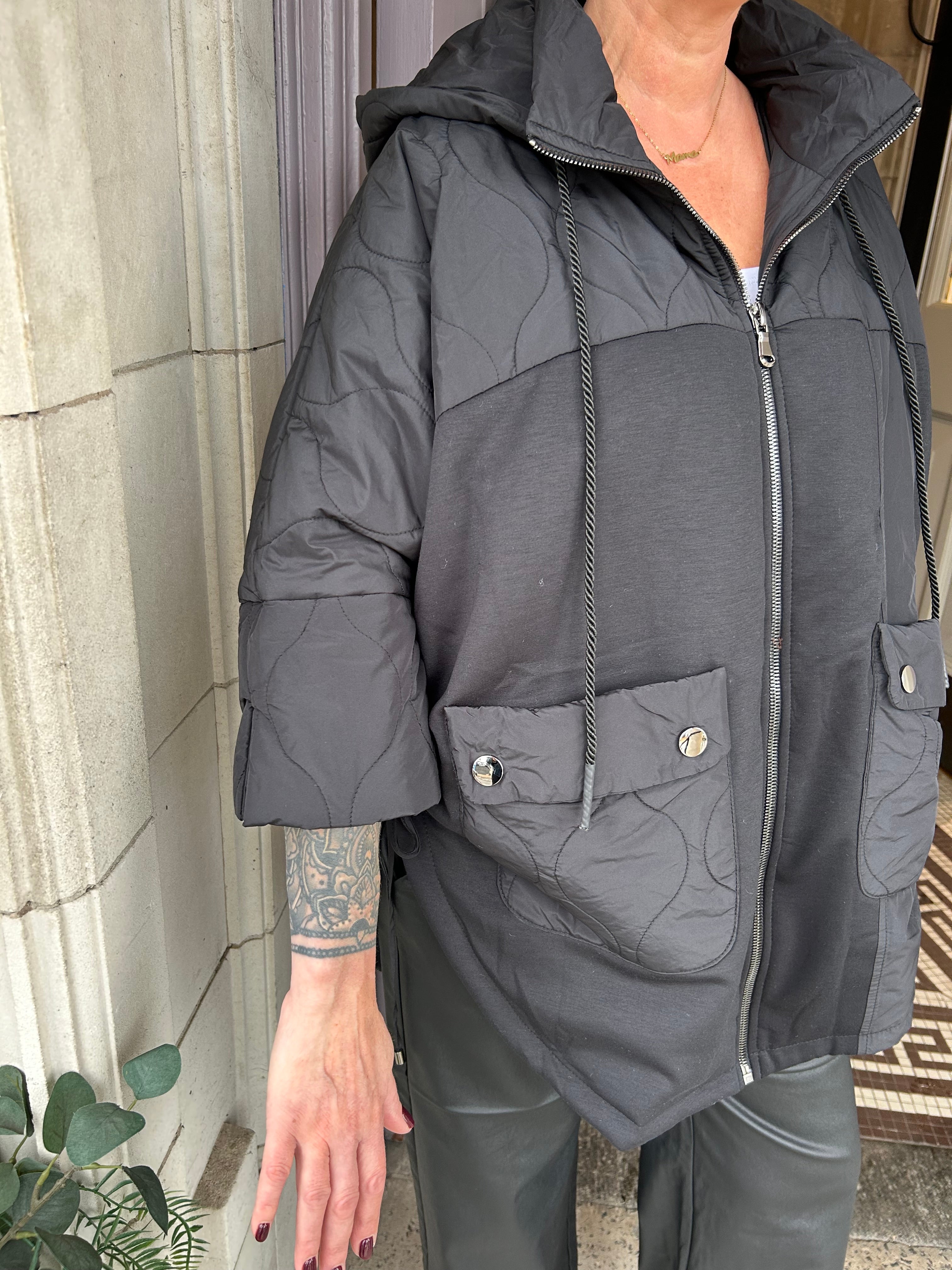 Hooded Jacket with Quilted Sections in Black