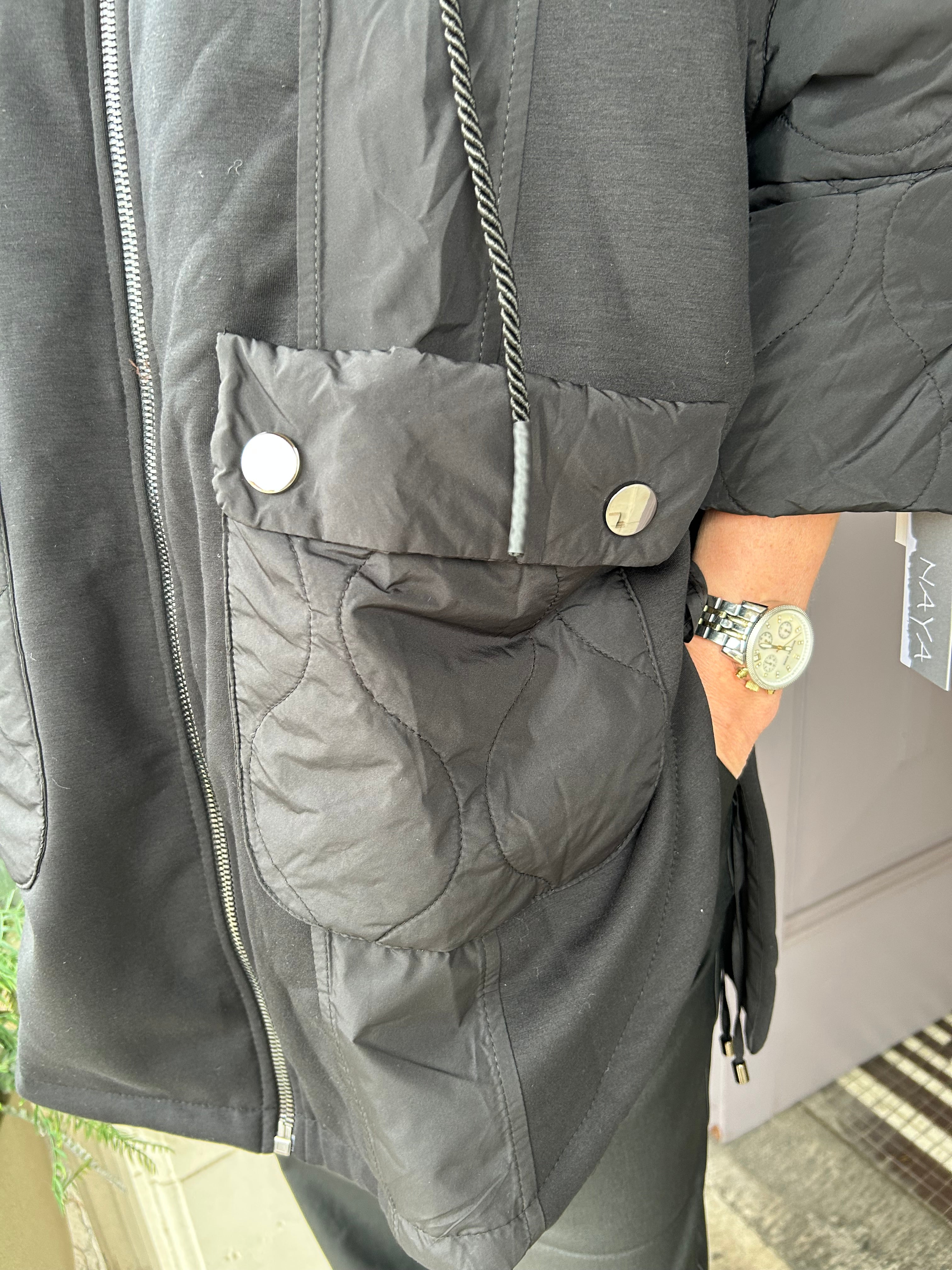 Hooded Jacket with Quilted Sections in Black