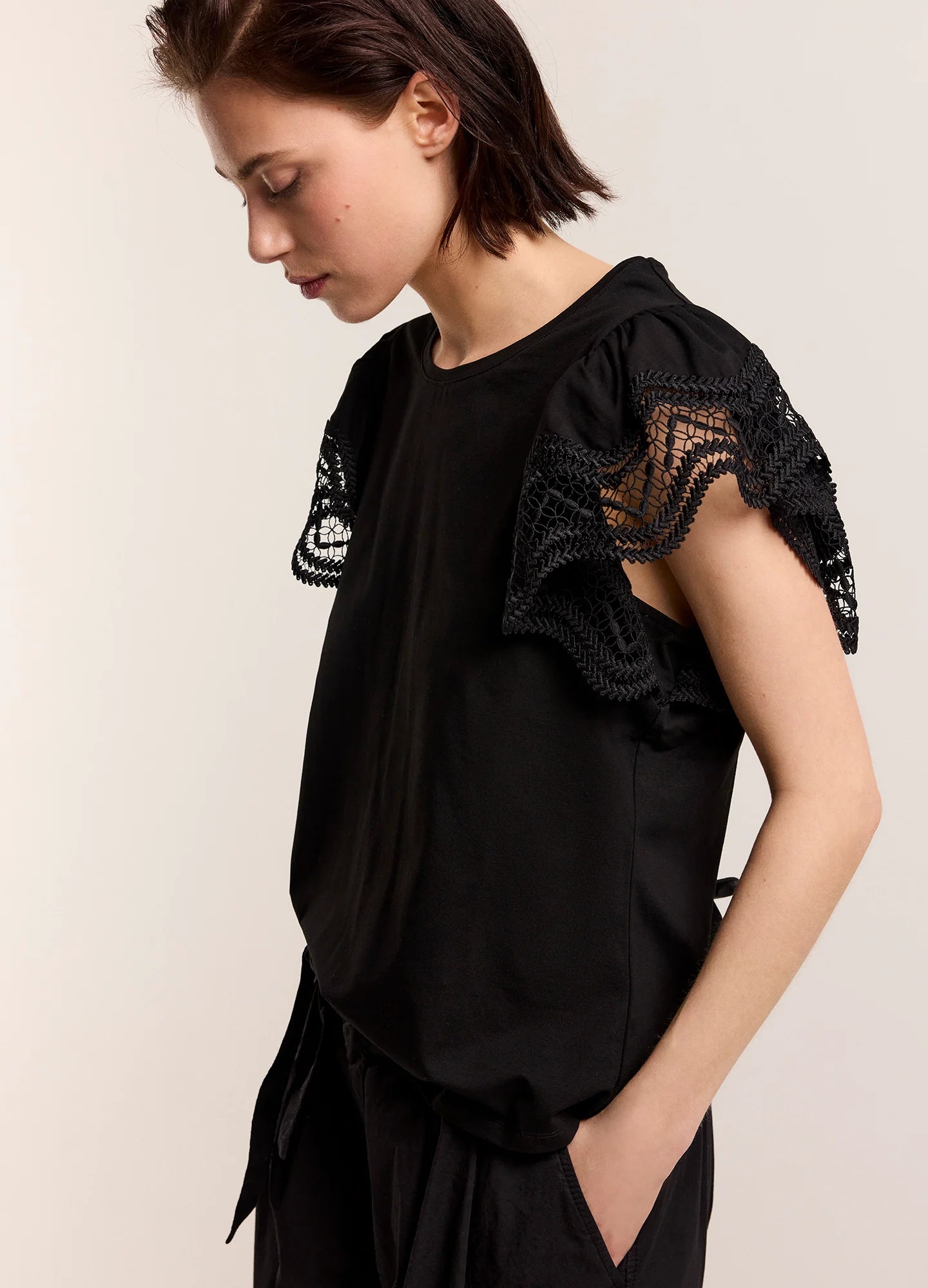 Jersey Top with Lace in Black