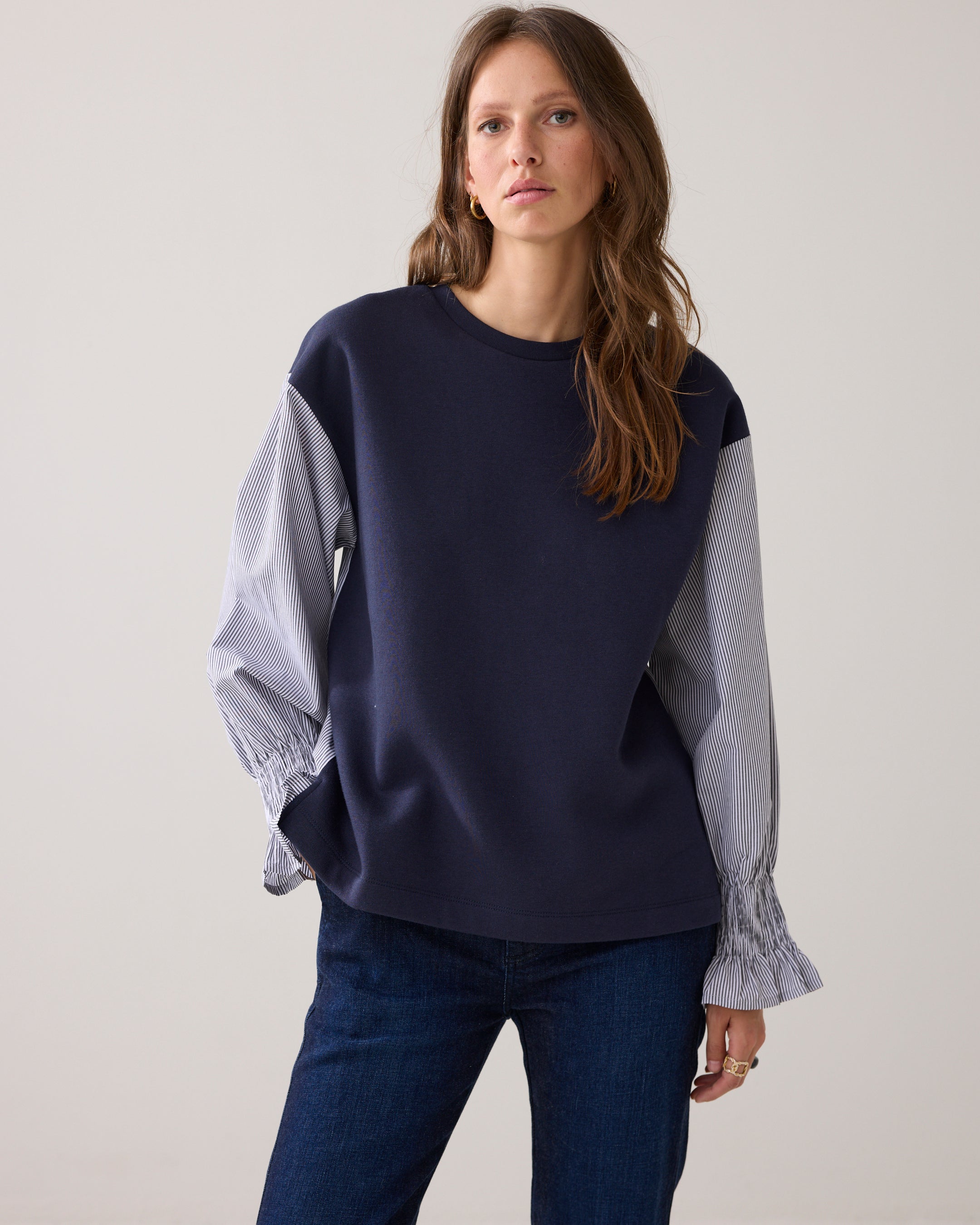 Woven Mix Sweat Top in Midnight Blue