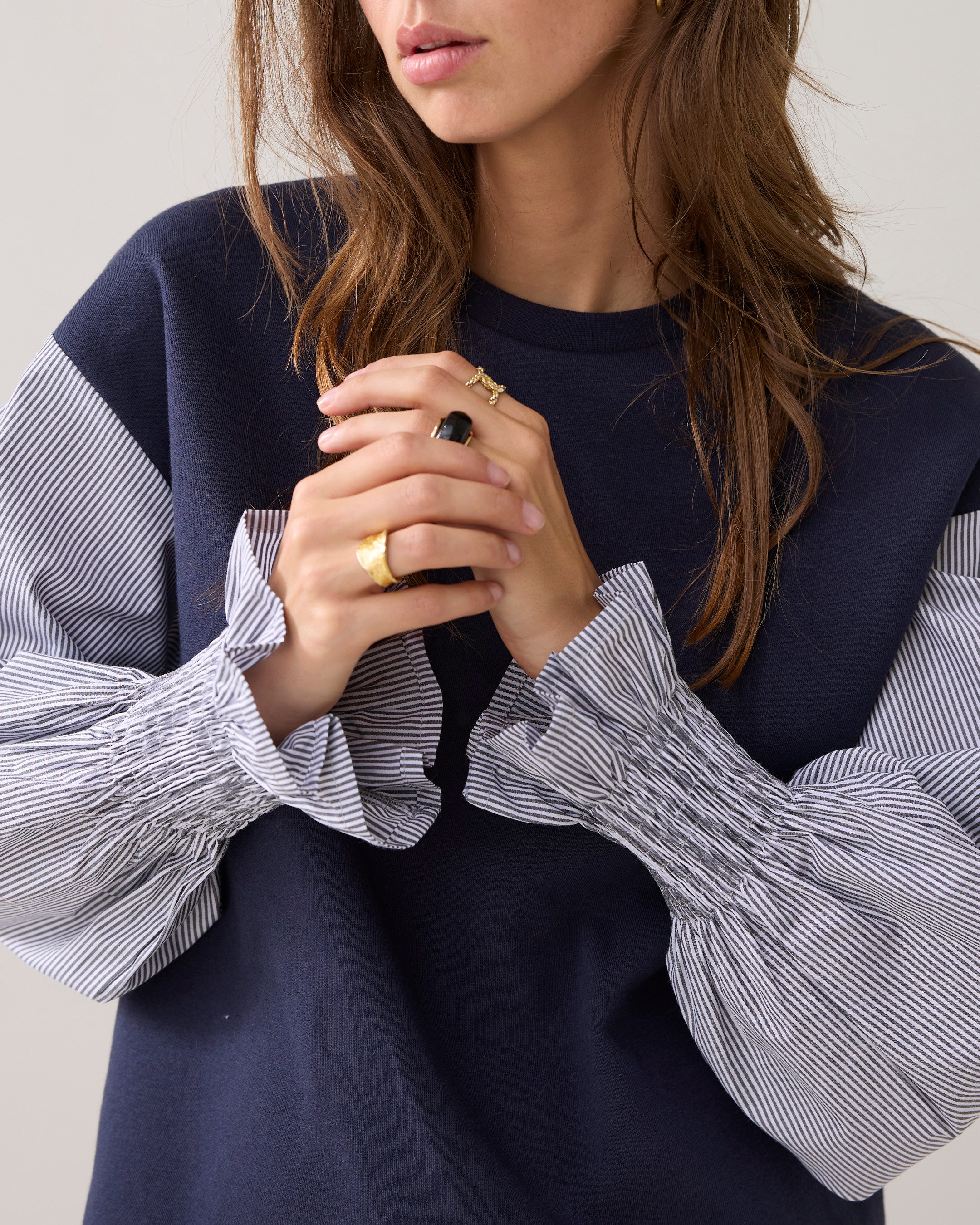 Woven Mix Sweat Top in Midnight Blue