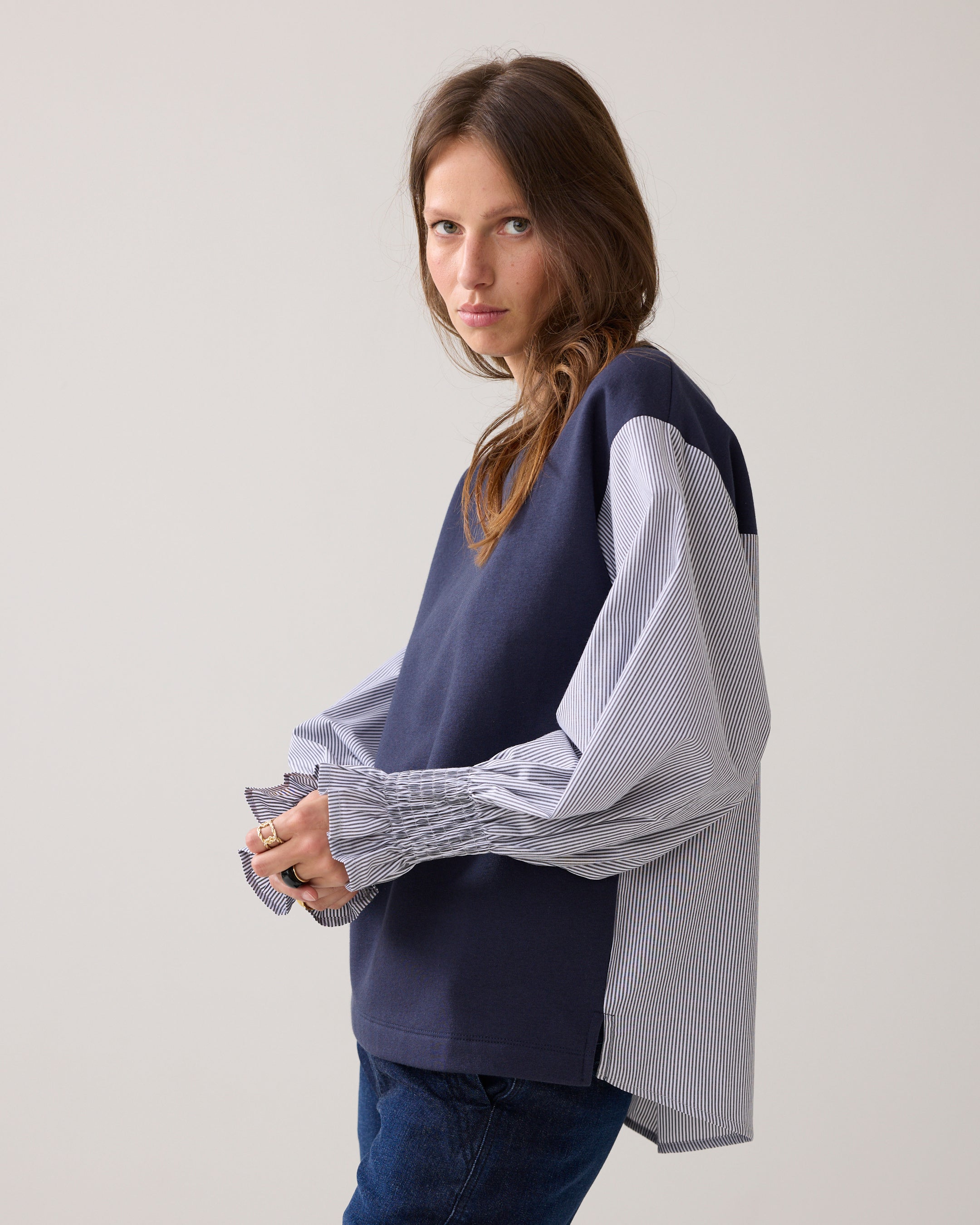Woven Mix Sweat Top in Midnight Blue