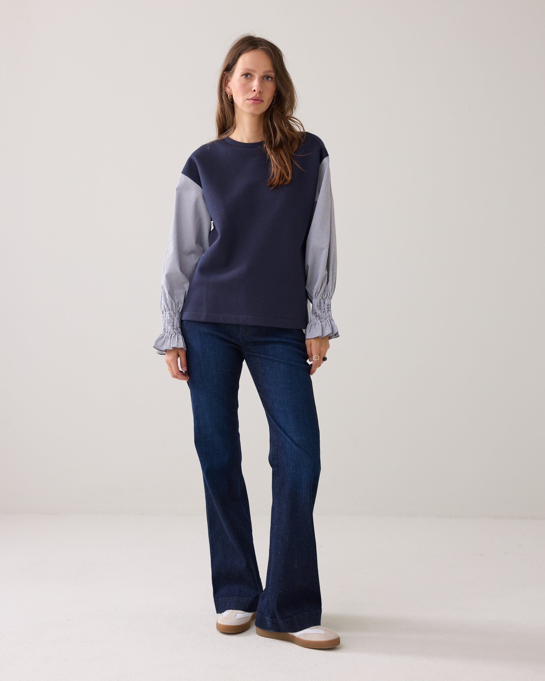 Woven Mix Sweat Top in Midnight Blue