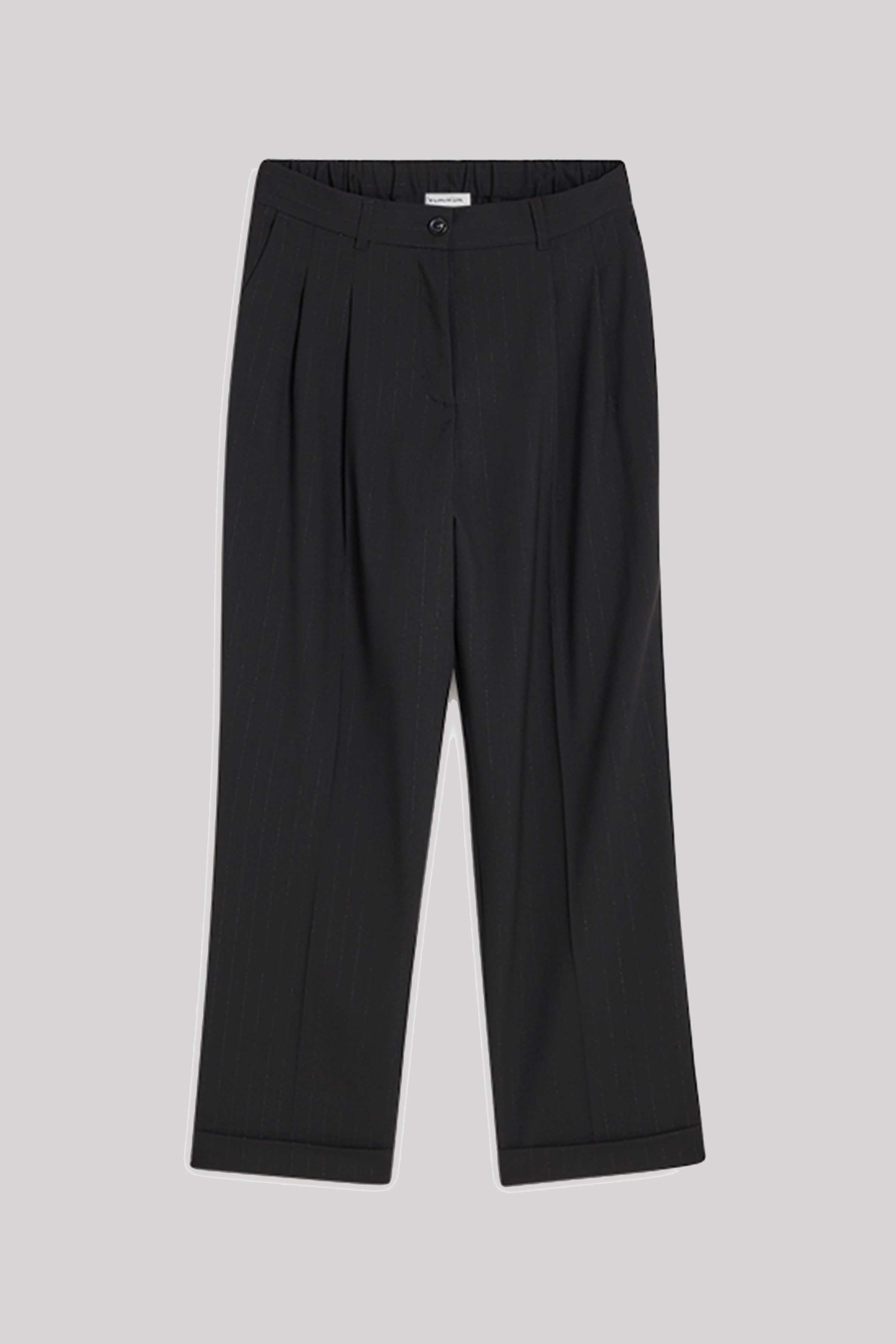 Shiny Pinstripe Tapered Trouser in Black