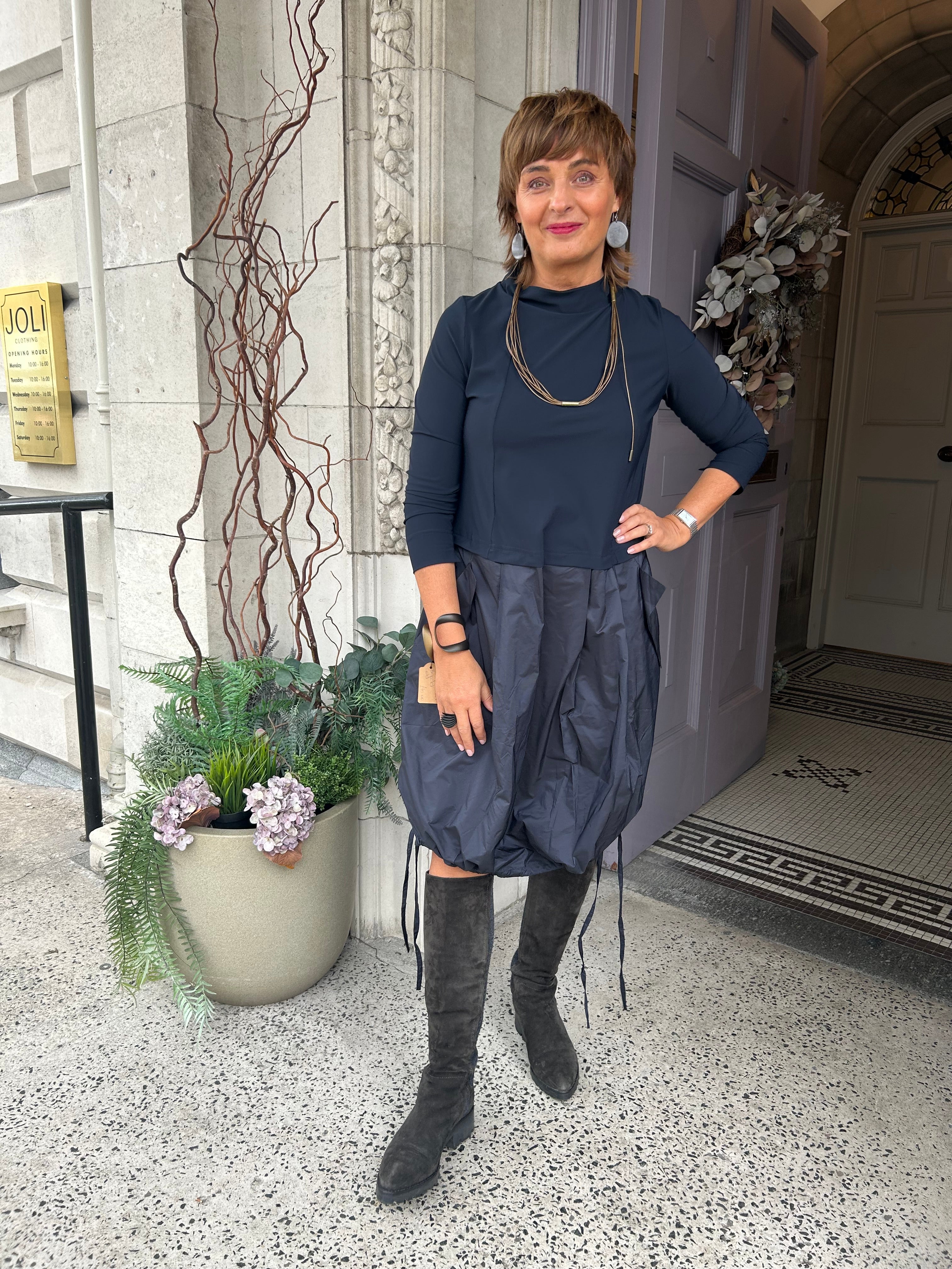 Mixed Fabric Dress in Night Blue