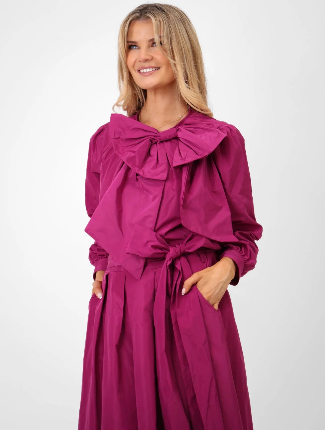 Aria Bow Taffeta Top in Magenta