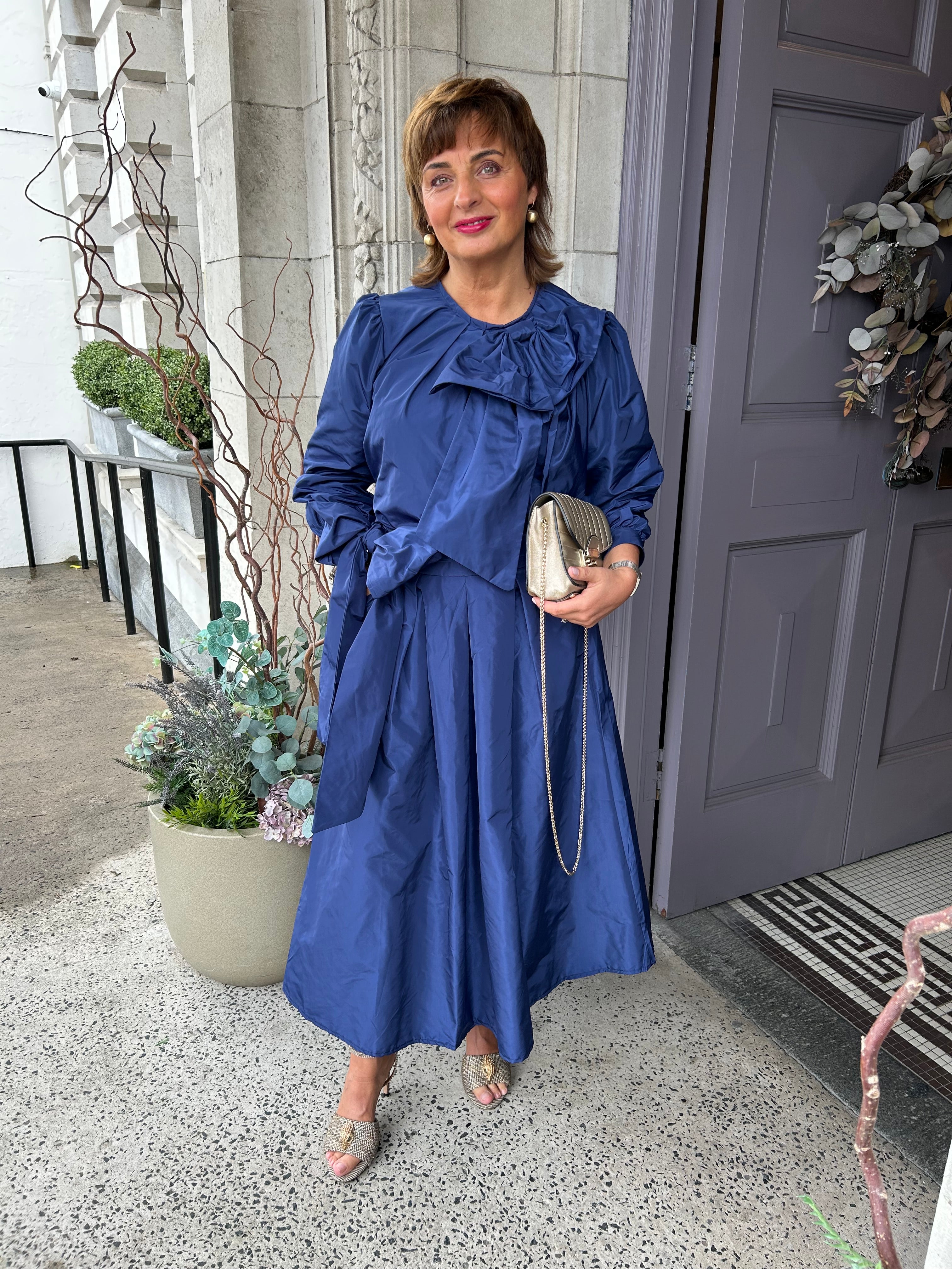 Aria Bow Taffeta Top in Navy