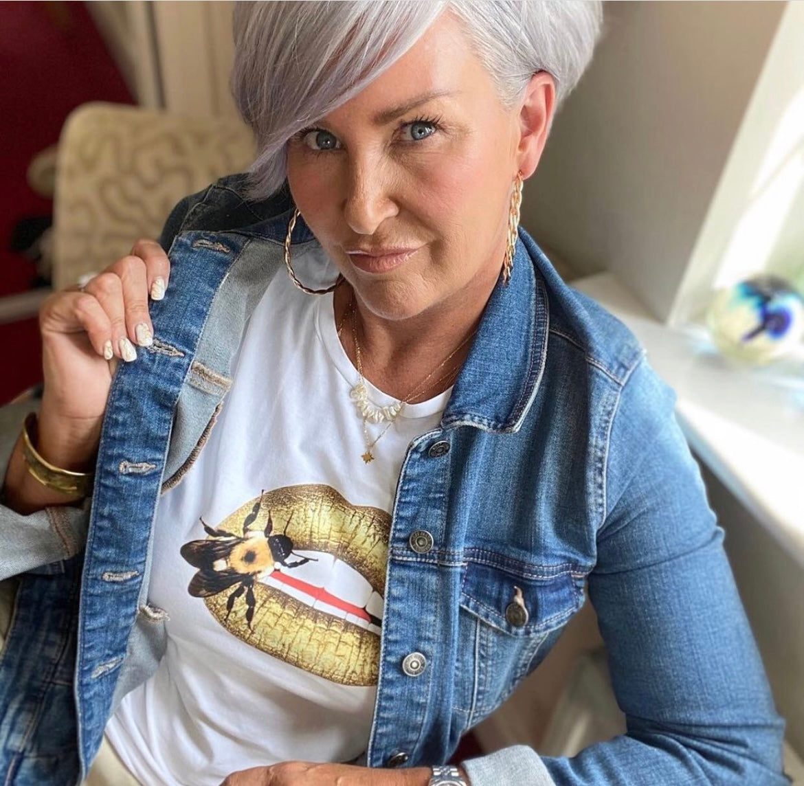 Gold Honey Bee Lips Tee in White