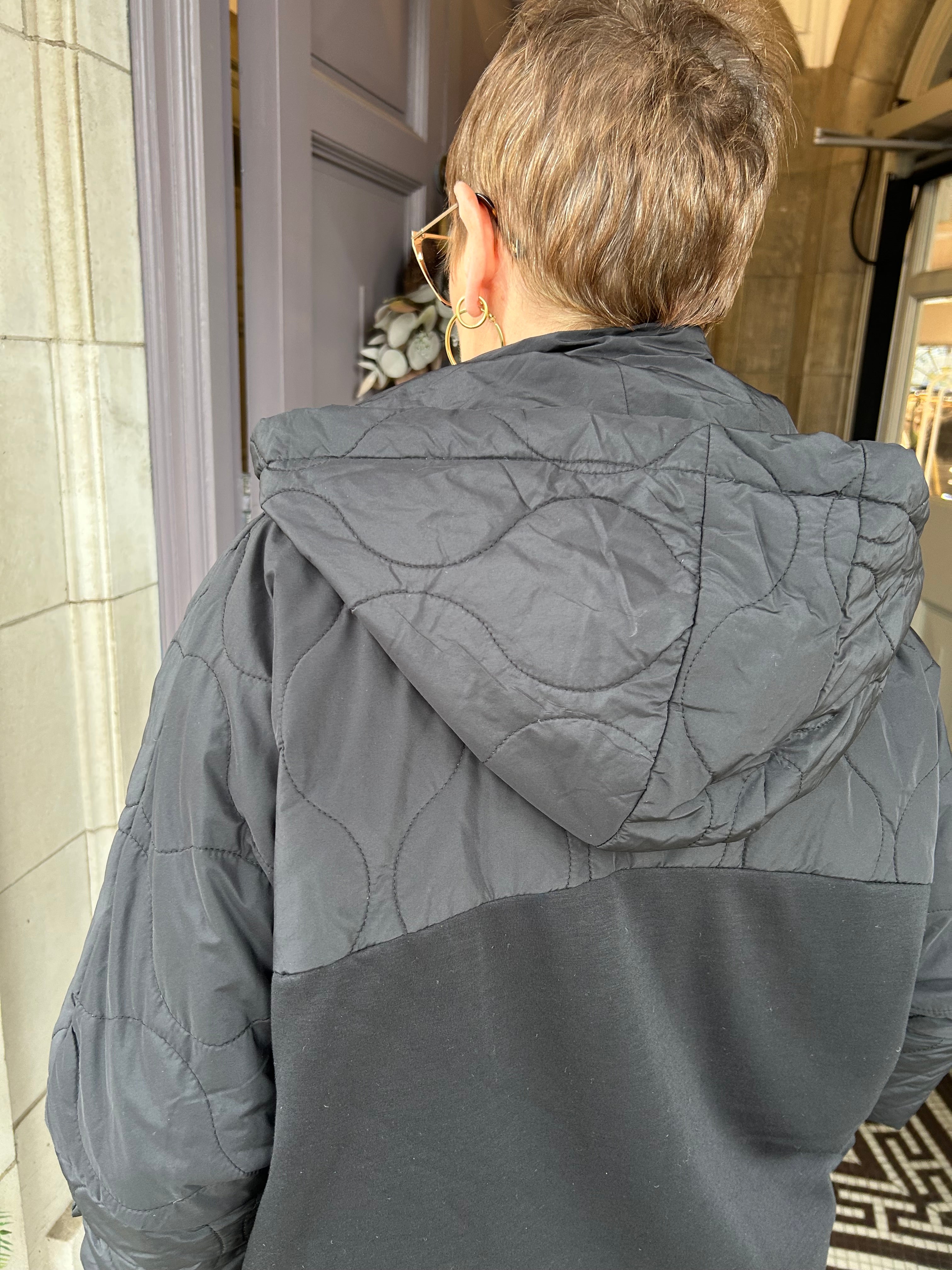 Hooded Jacket with Quilted Sections in Black