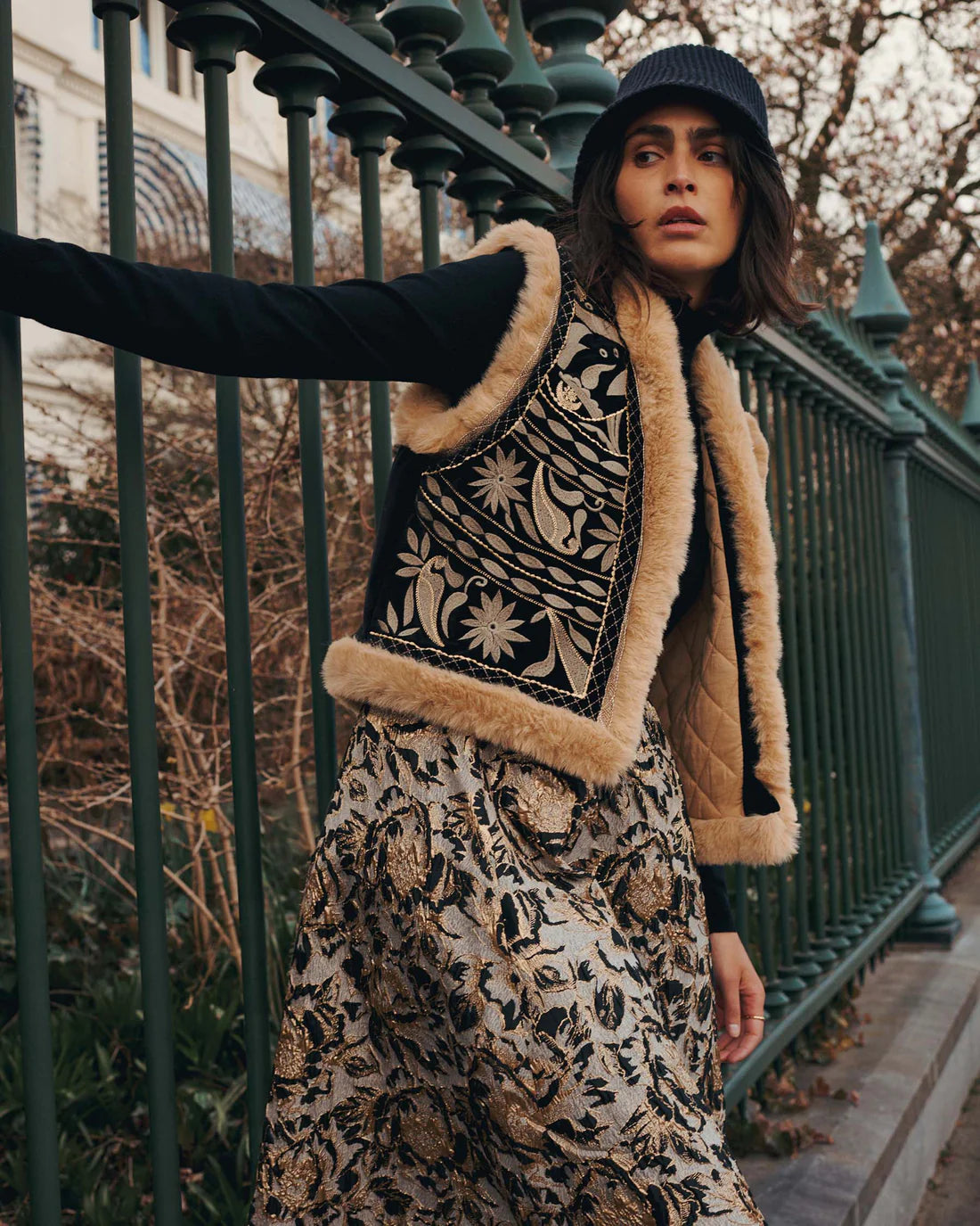 Velour Embroidered Gilet in Black