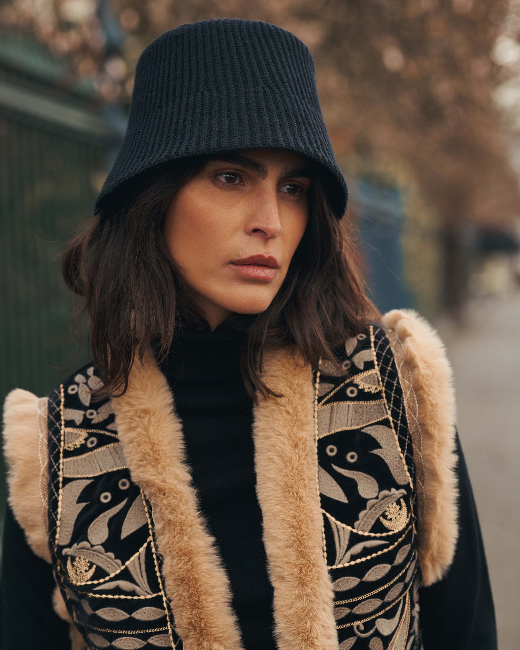 Velour Embroidered Gilet in Black