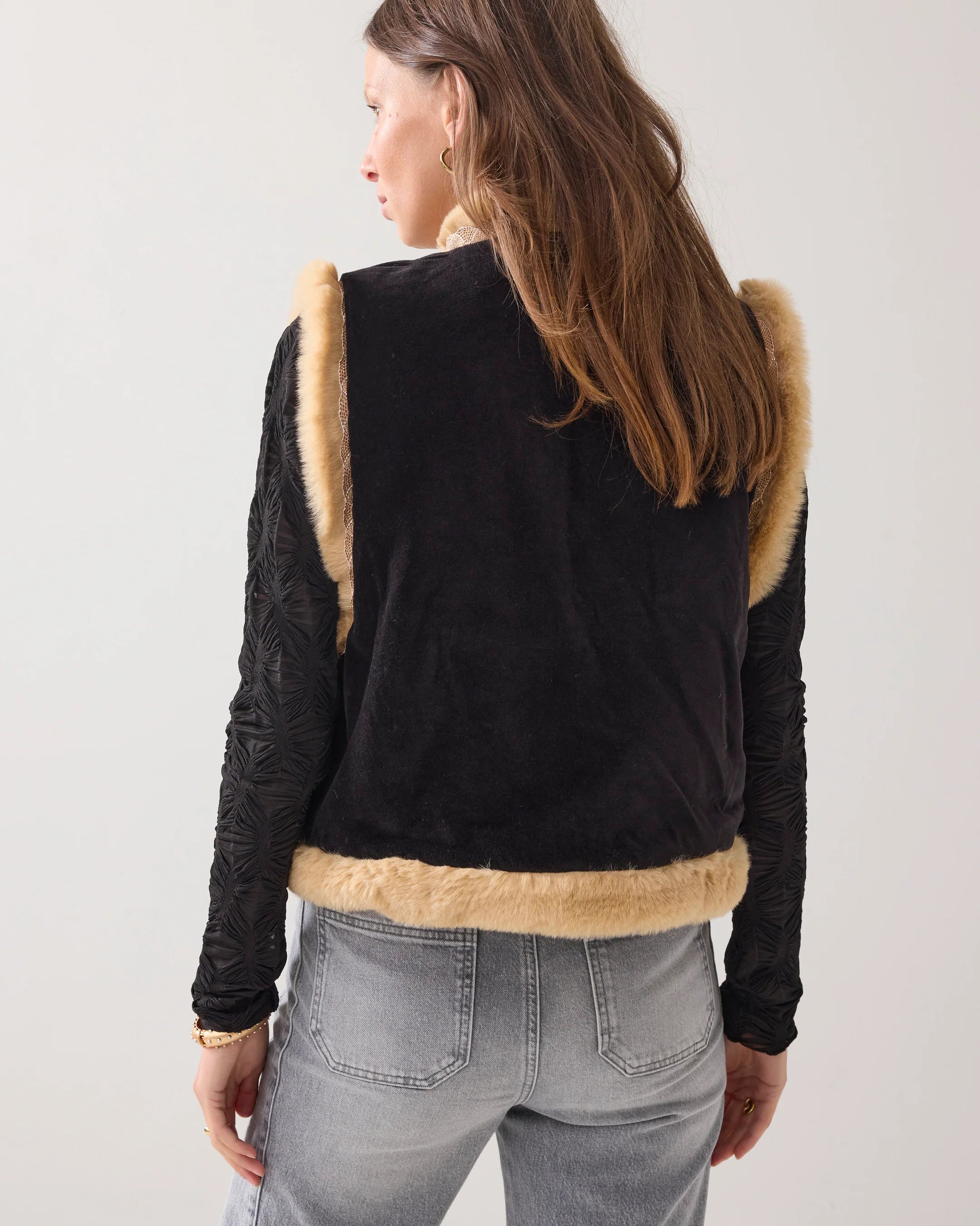 Velour Embroidered Gilet in Black