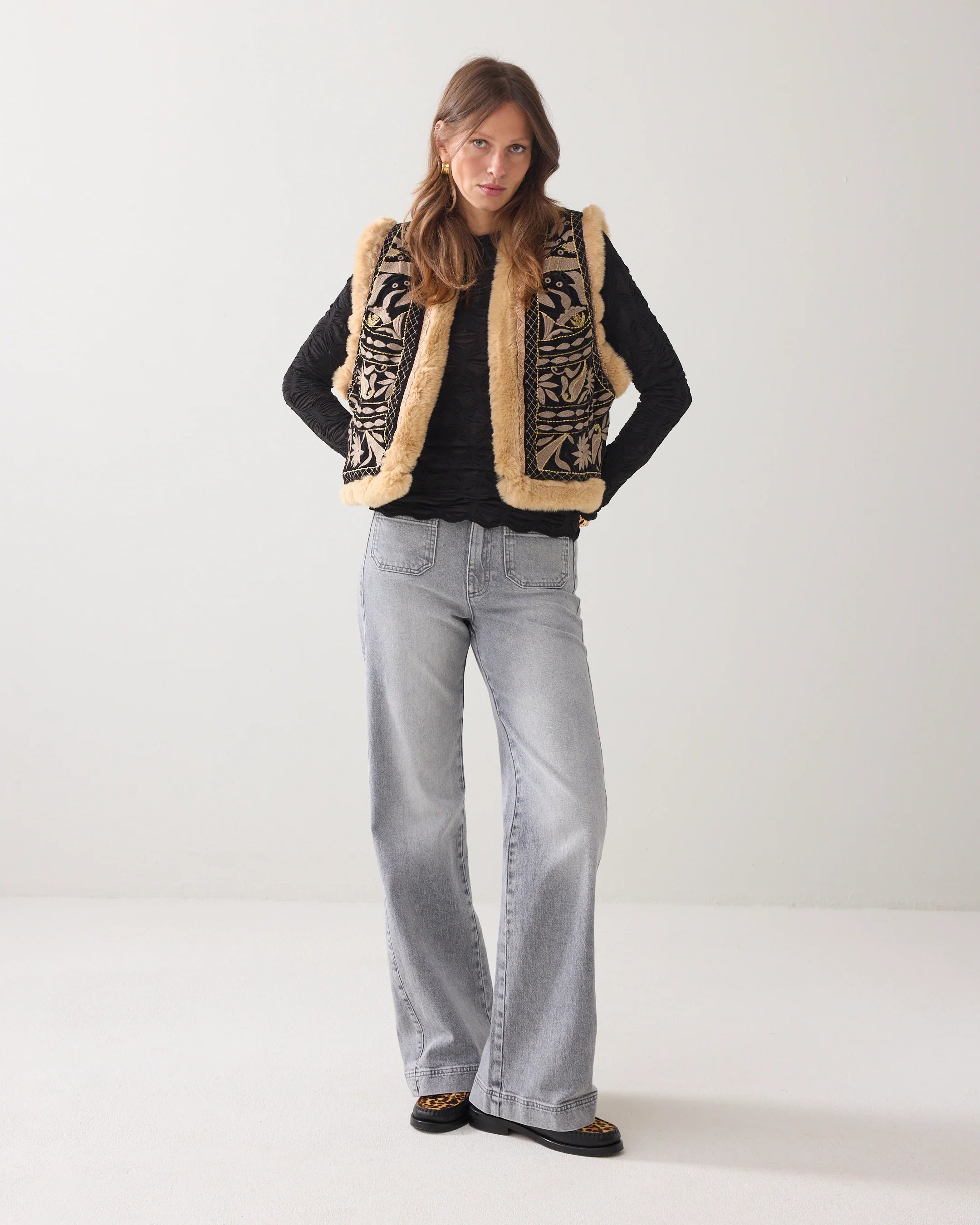 Velour Embroidered Gilet in Black