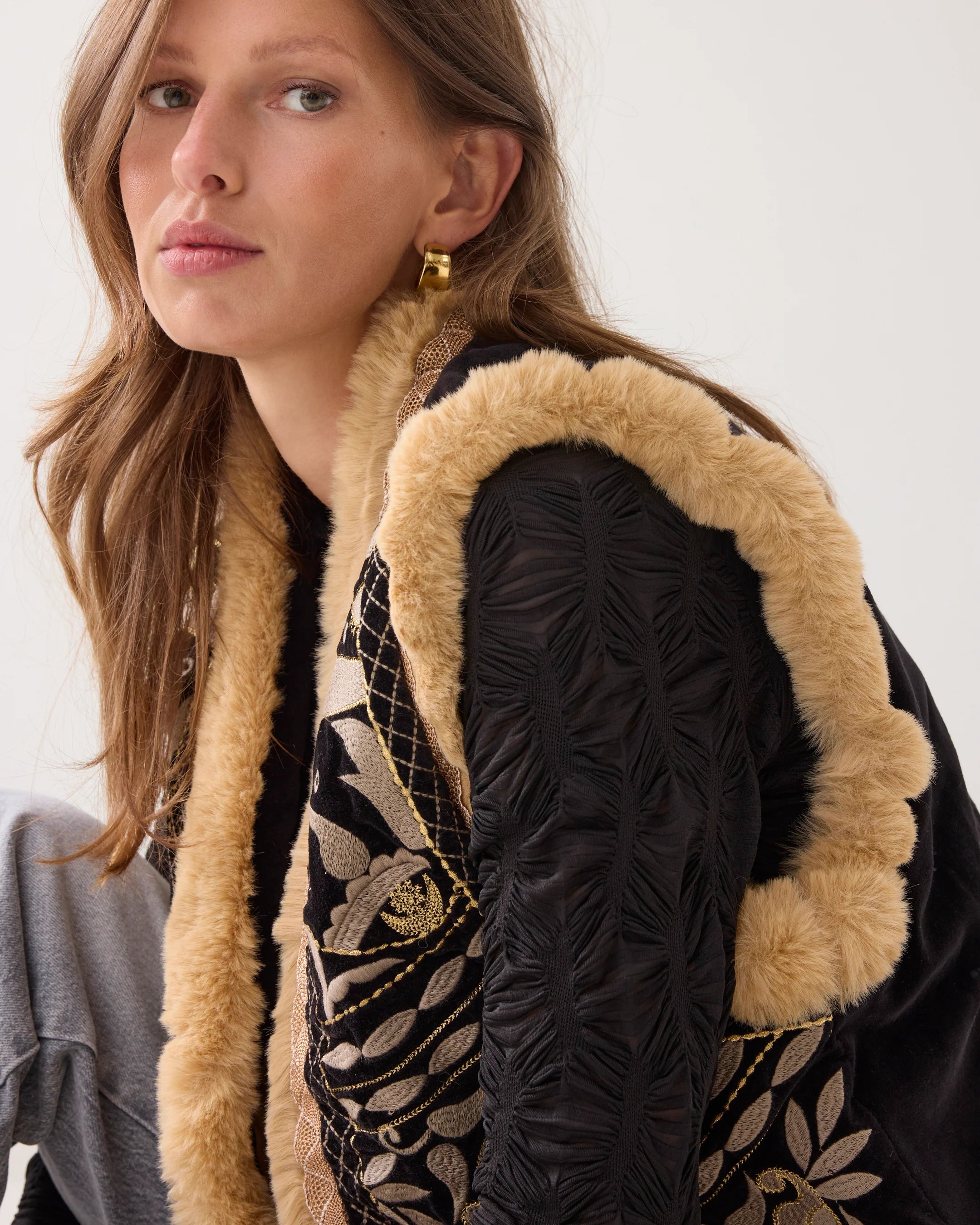 Velour Embroidered Gilet in Black