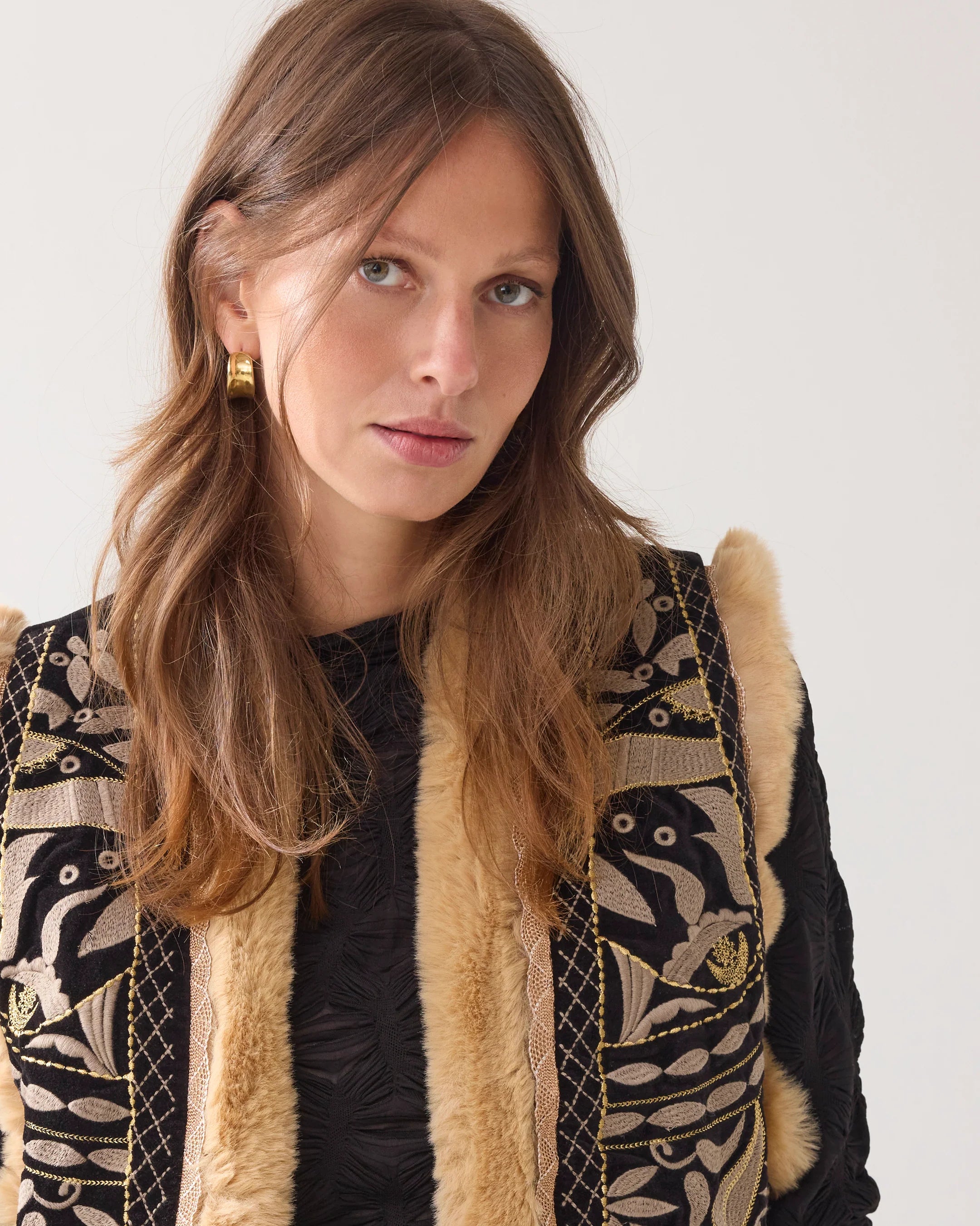 Velour Embroidered Gilet in Black