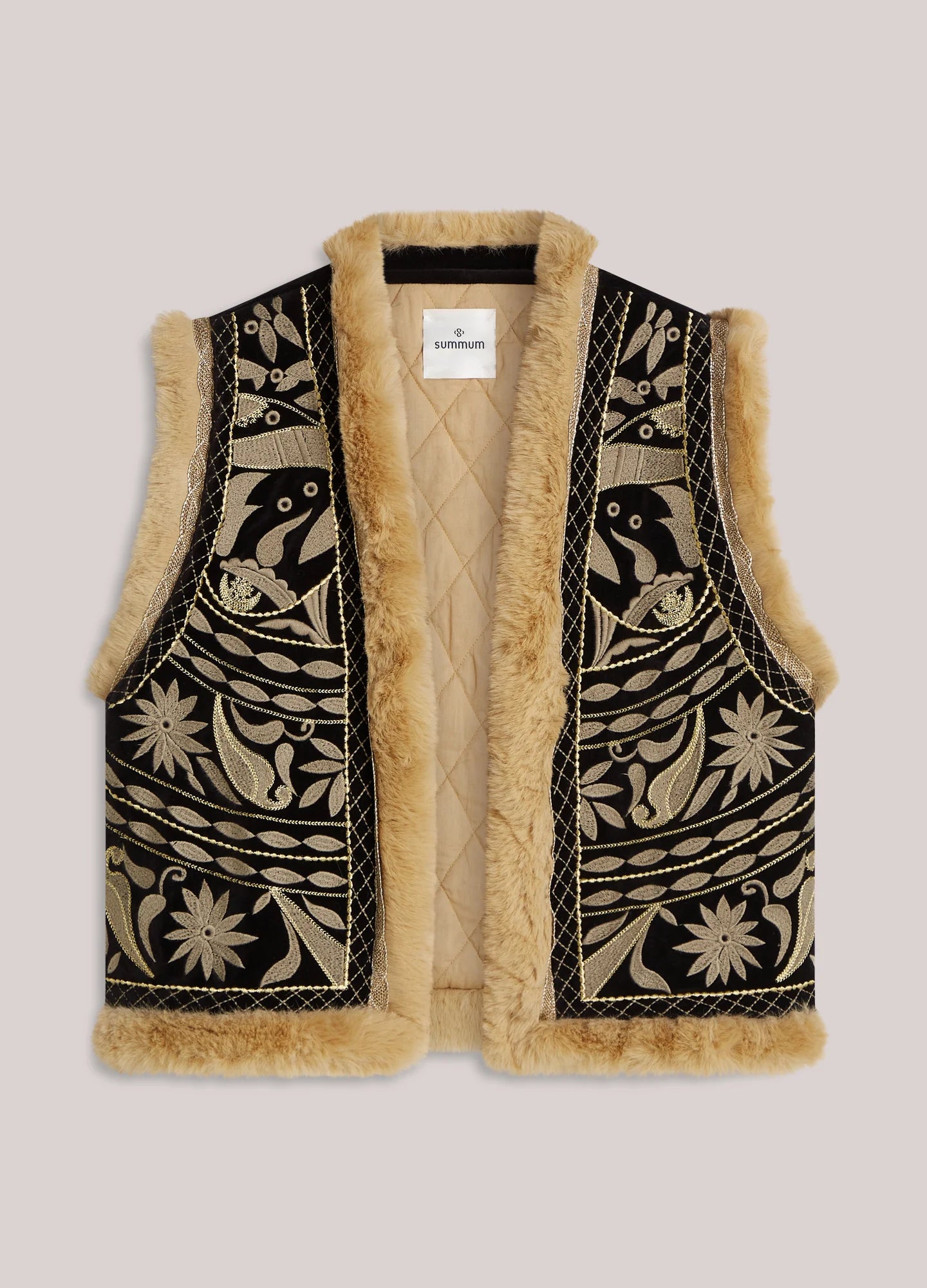 Velour Embroidered Gilet in Black
