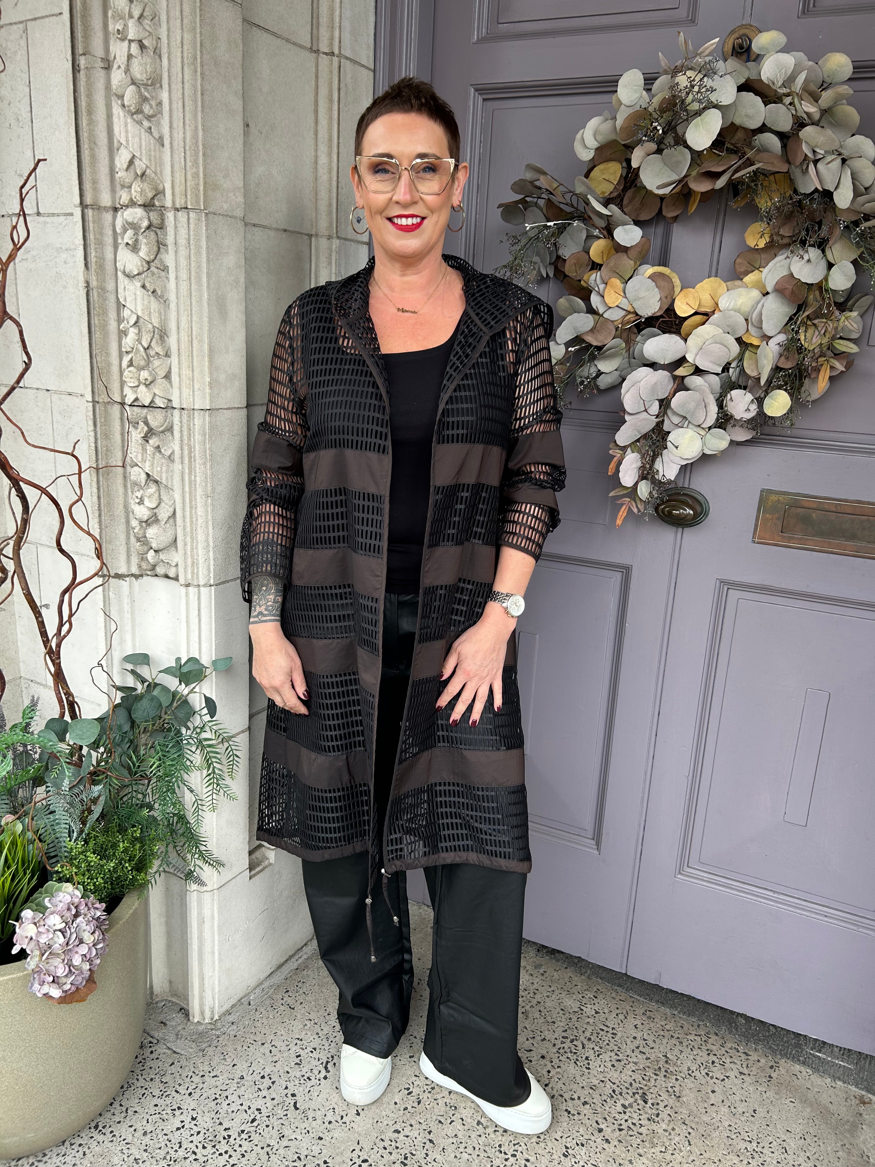 Loose Weave Long Jacket in Black/Cocoa
