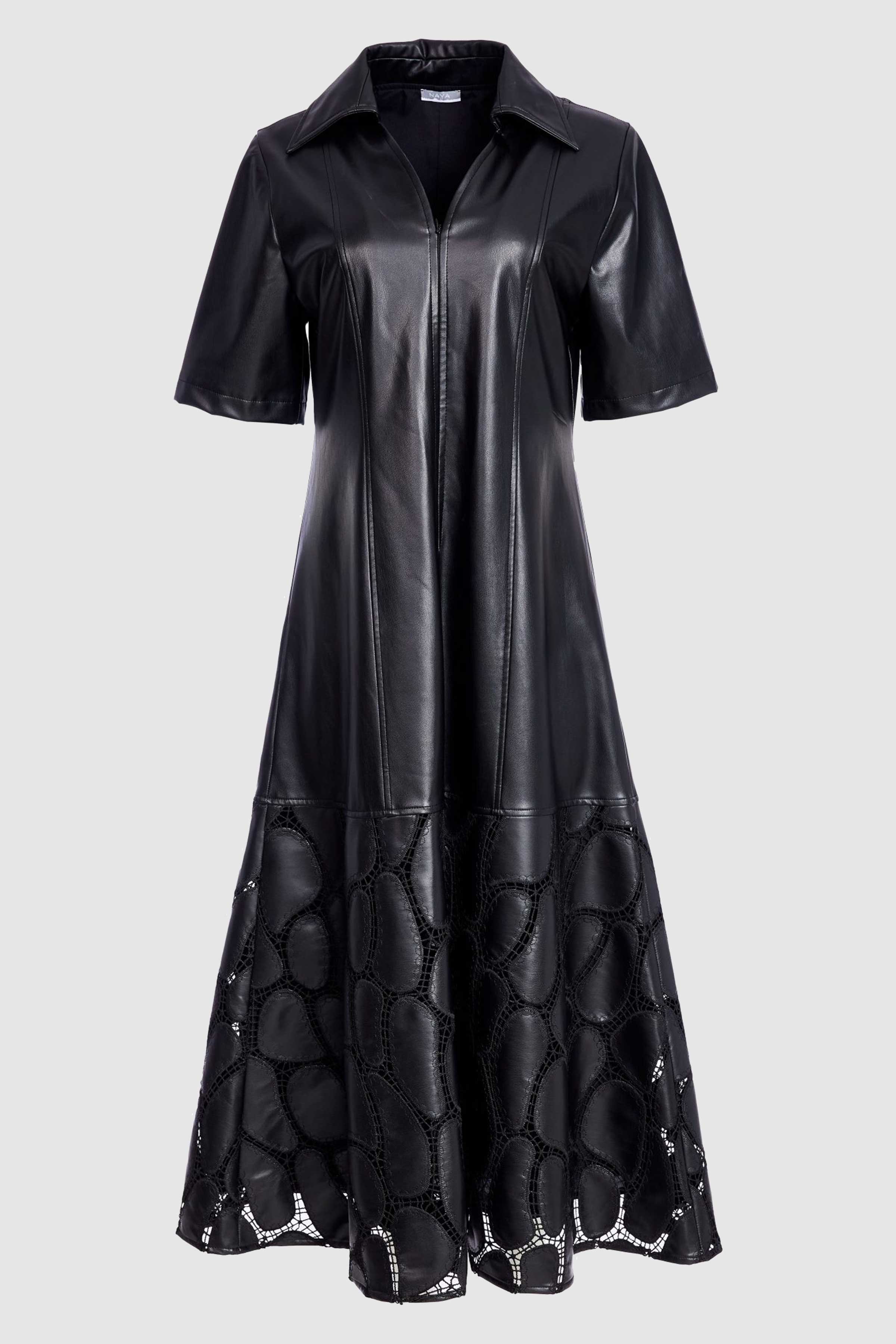 Leatherette Dress with Zip Detail and Lace Effect in Black