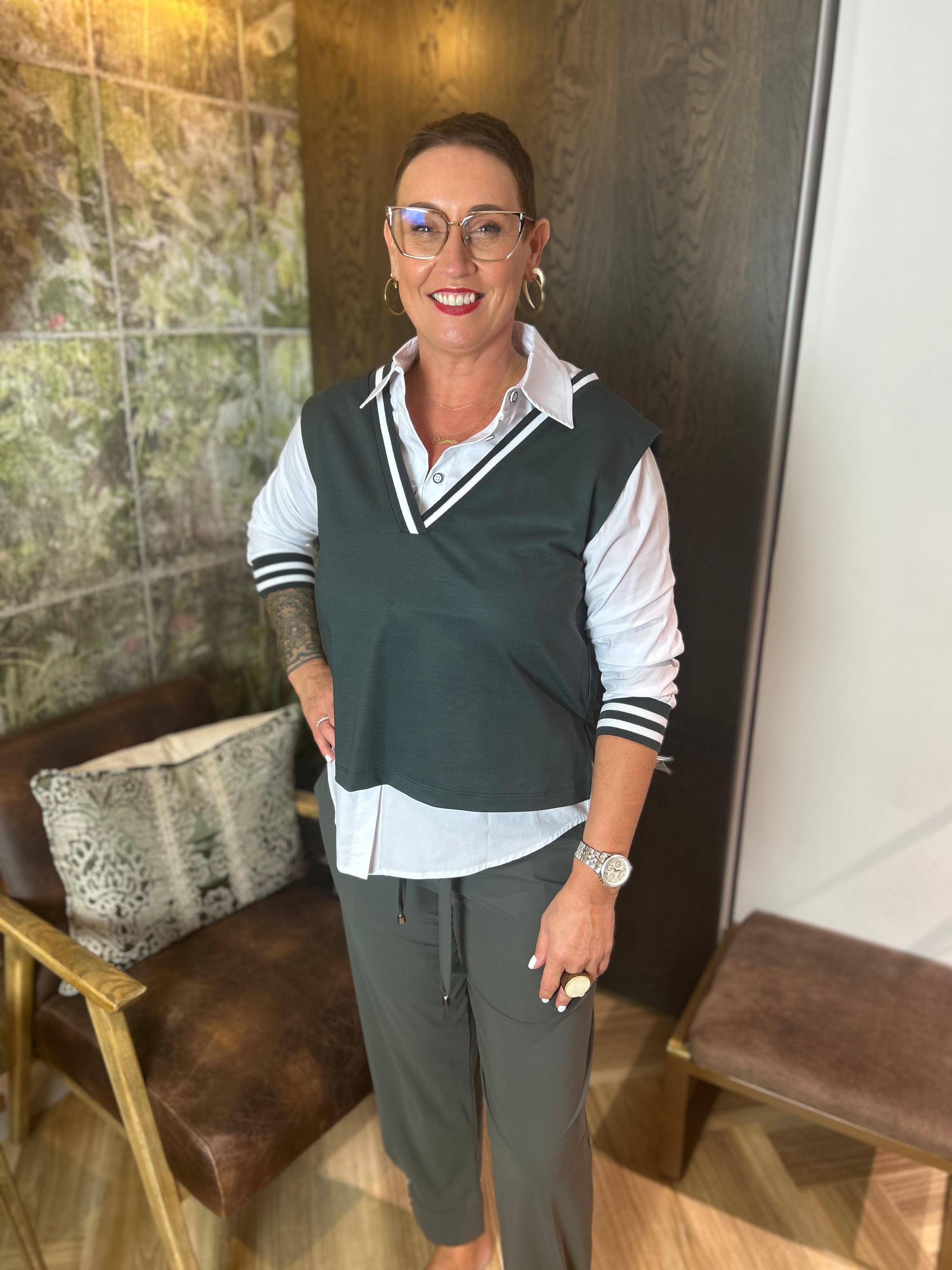 Two Piece Shirt with Over Vest in Forest/White