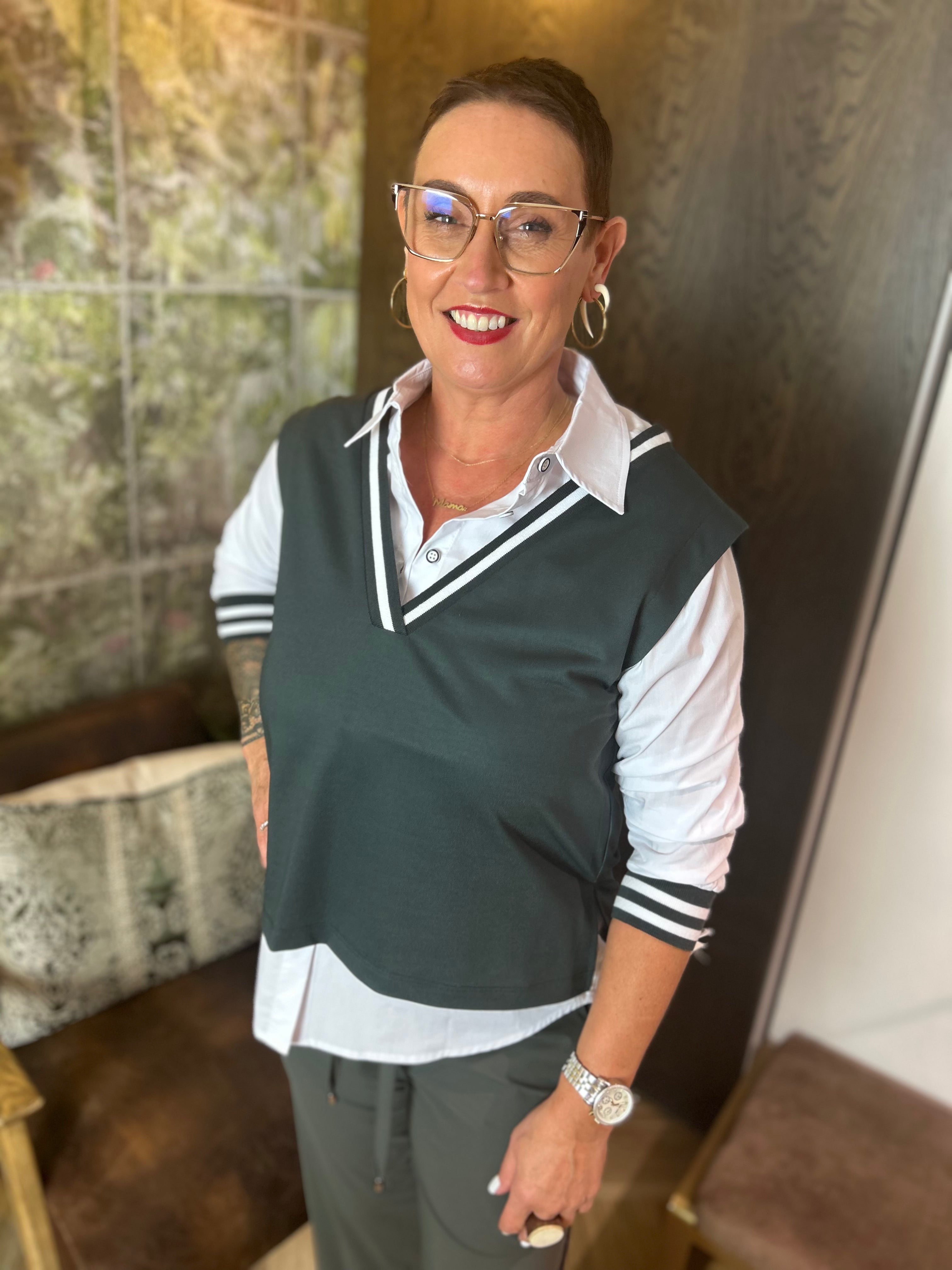 Two Piece Shirt with Over Vest in Forest/White