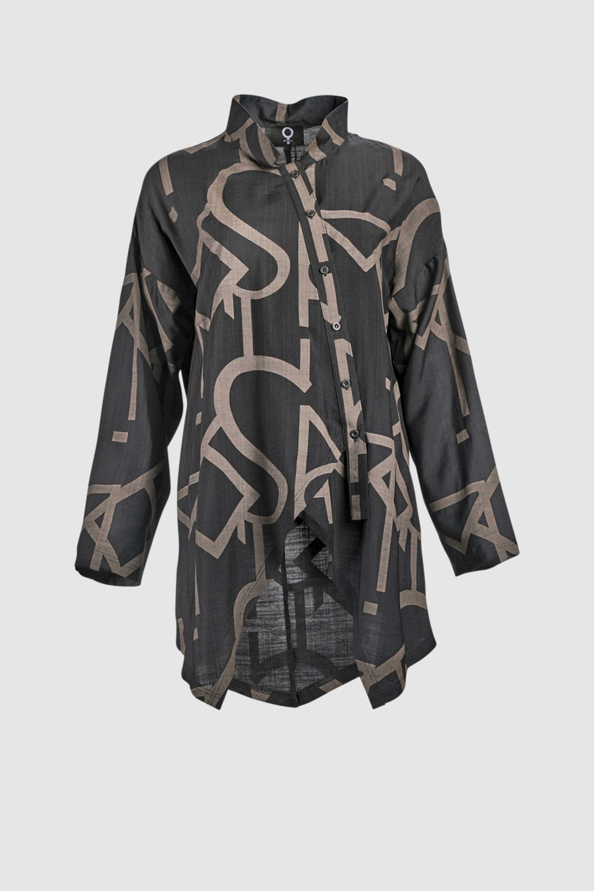 Graphic Button Up Long Jacket in Black/Brown
