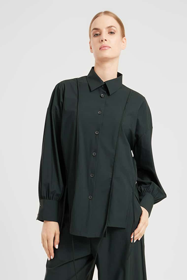 Oversized Balloon Sleeve Blouse in Midnight Green
