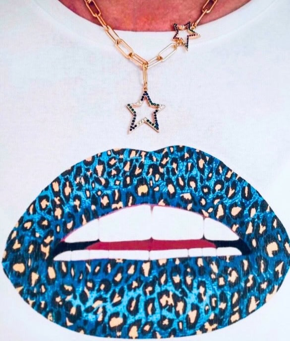 Blue Leopard Lip Tee in White