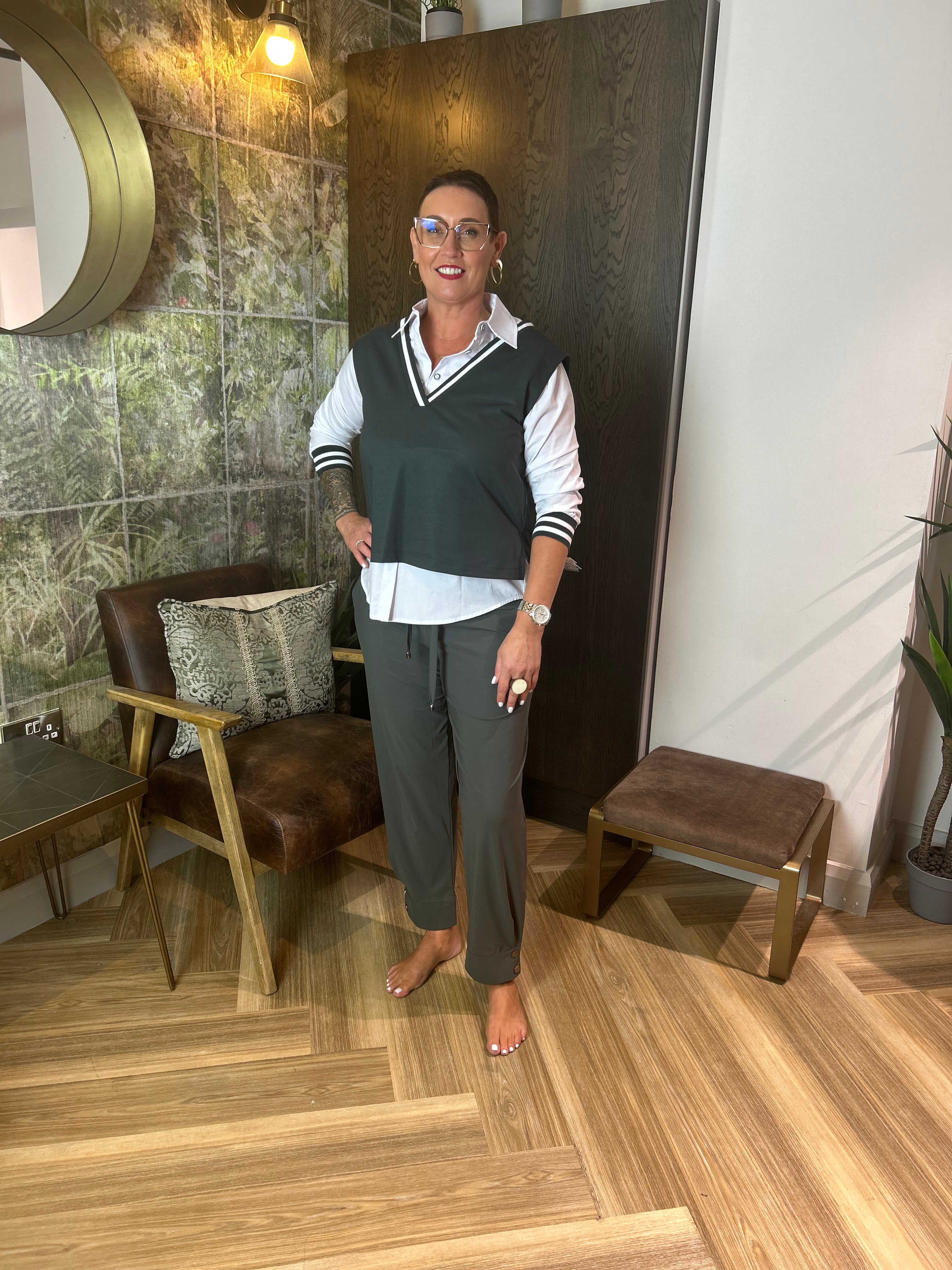 Two Piece Shirt with Over Vest in Forest/White