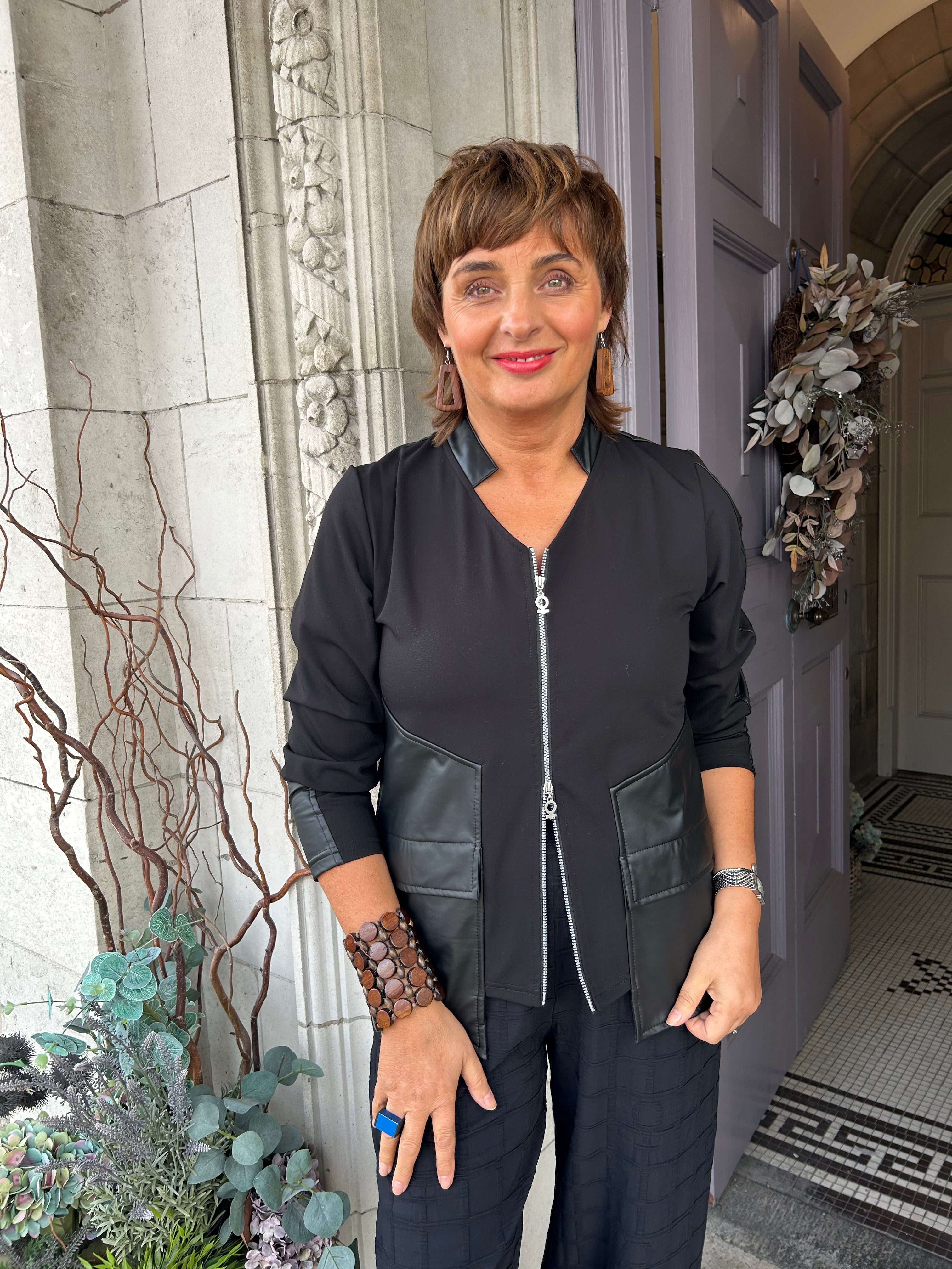 Stretch Jacket with Faux Leather Detail in Black