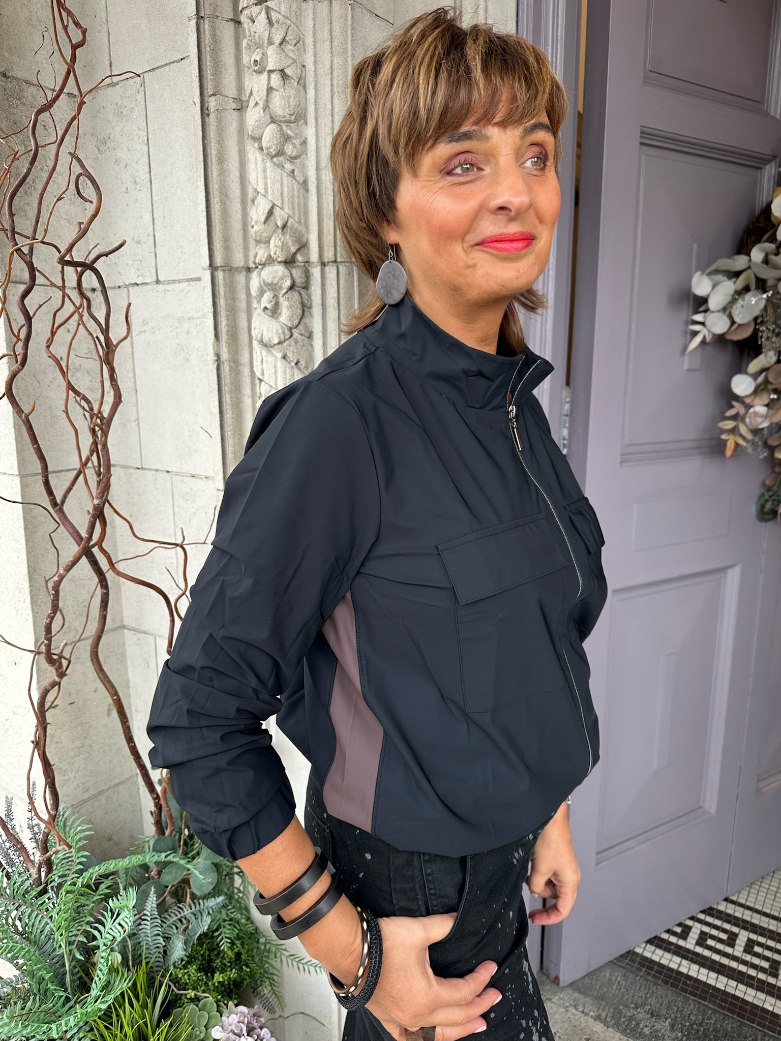 Short Jacket with Side Panels in Cocoa/Black