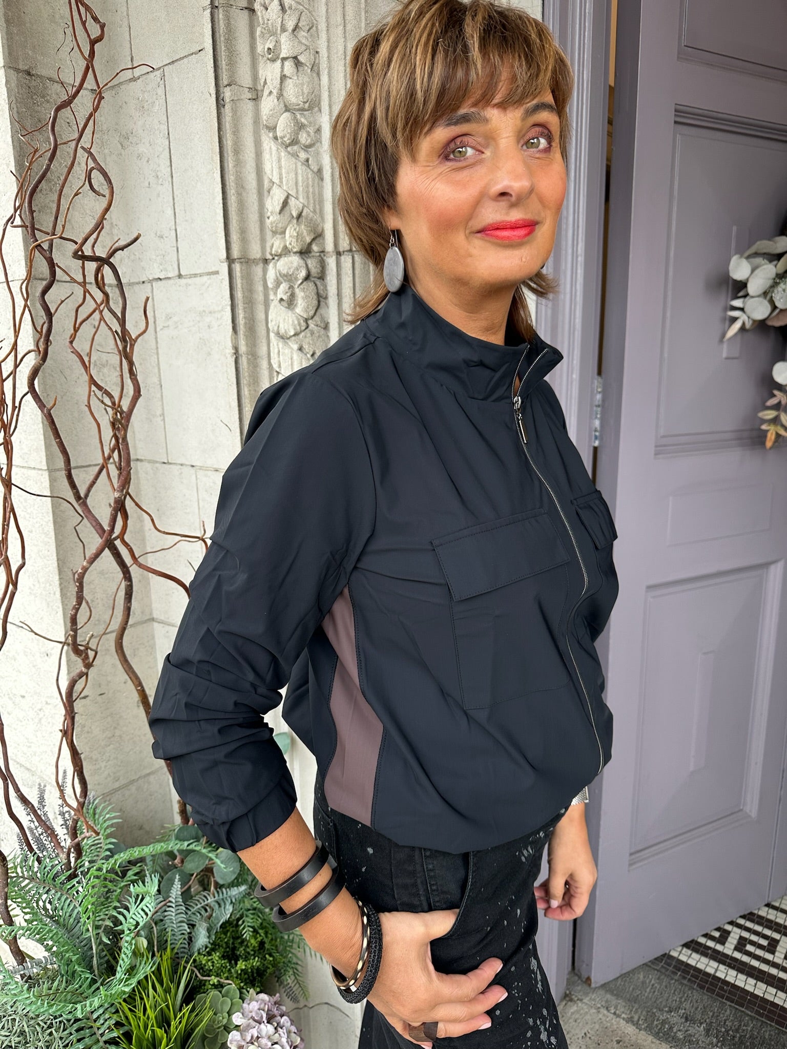 Short Jacket with Side Panels in Cocoa/Black
