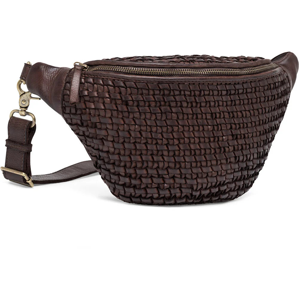Leather Bumbag with Weaving in Chocolate
