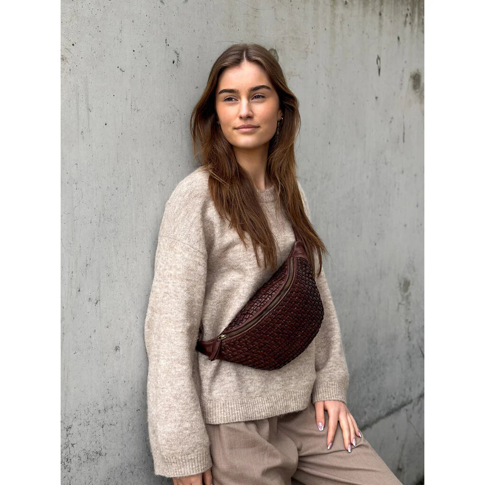 Leather Bumbag with Weaving in Chocolate